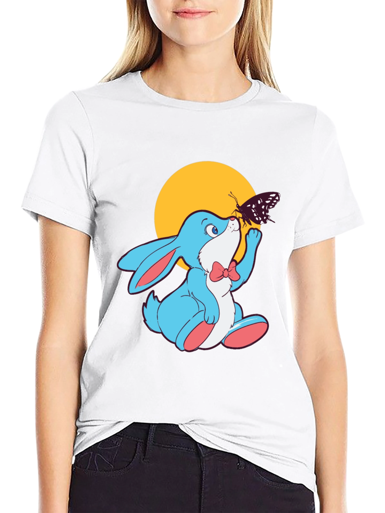 Cute Bunny & Butterfly Black T-Shirt