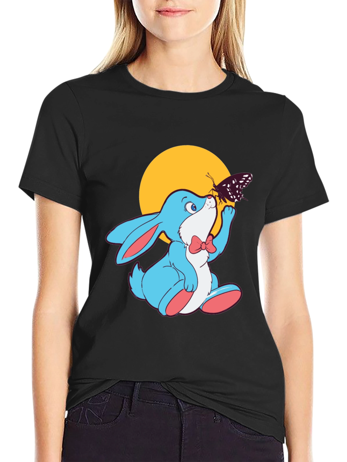 Cute Bunny & Butterfly Black T-Shirt