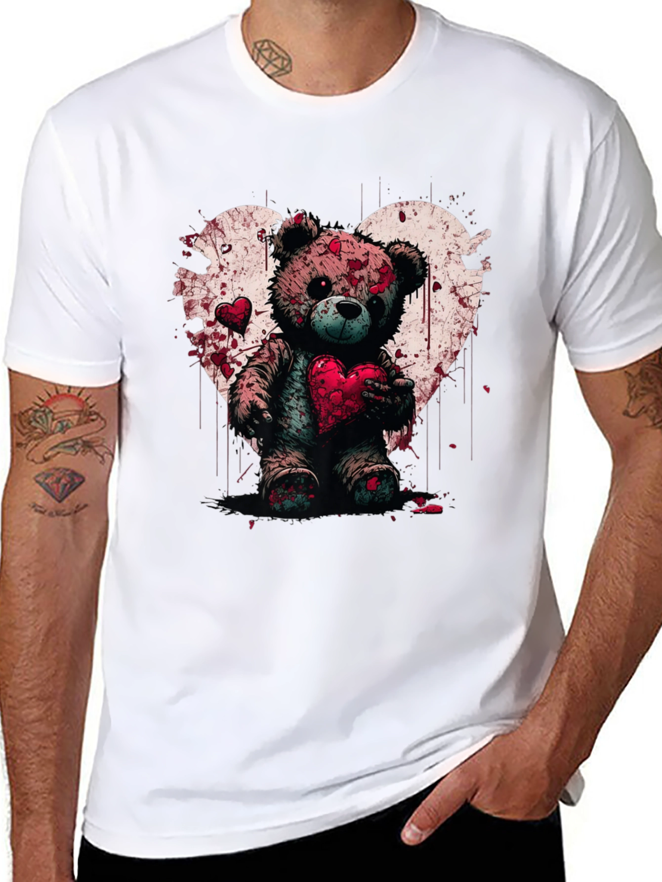 Bloody Valentines Teddy Bear Heart Graphic T-Shirt