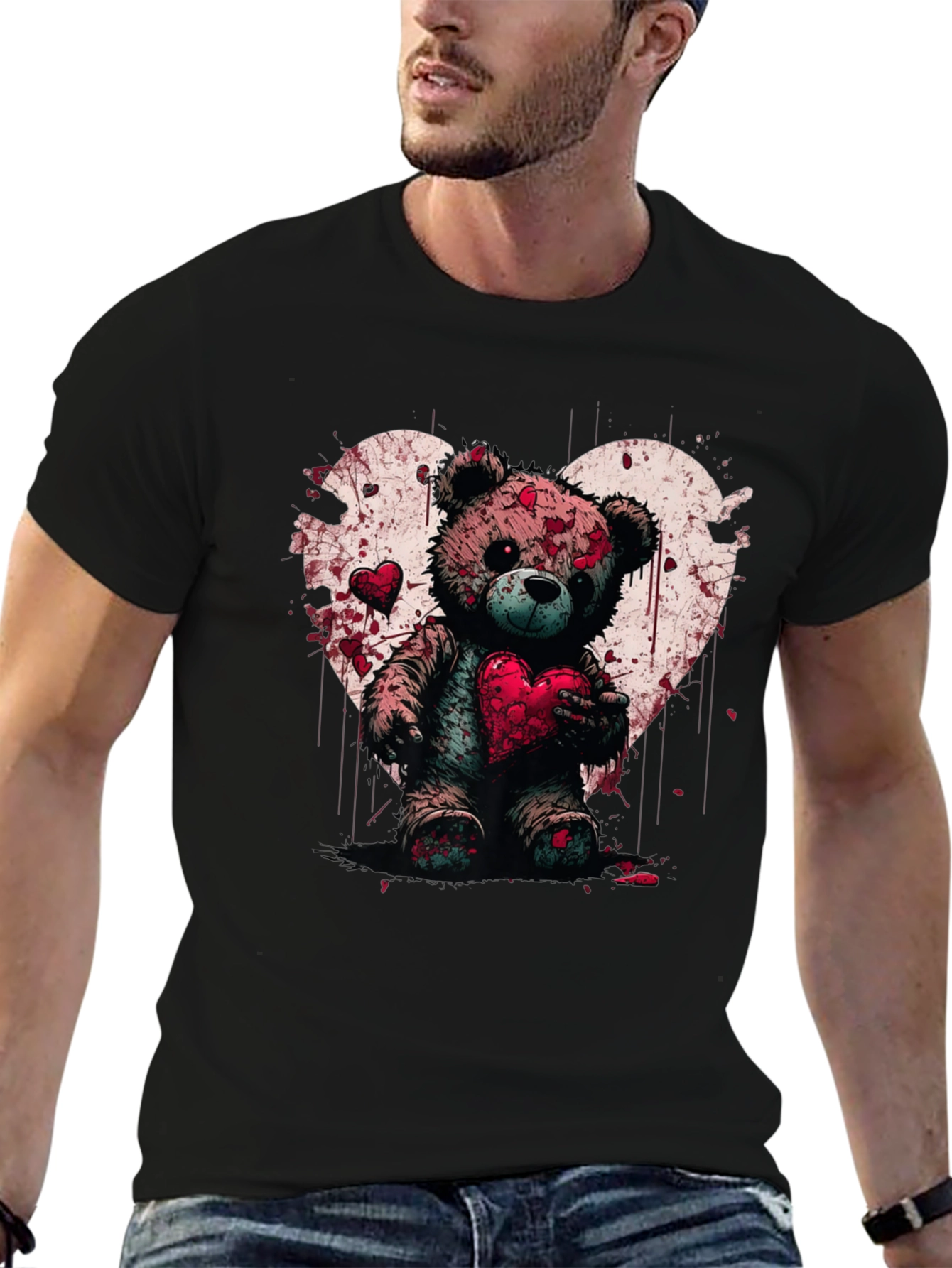 Bloody Valentines Teddy Bear Heart Graphic T-Shirt