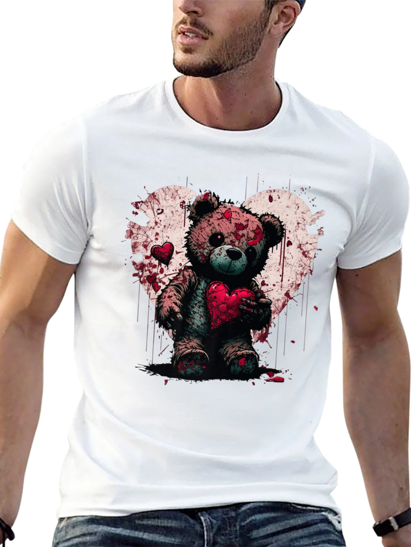 Bloody Valentines Teddy Bear Heart Graphic T-Shirt