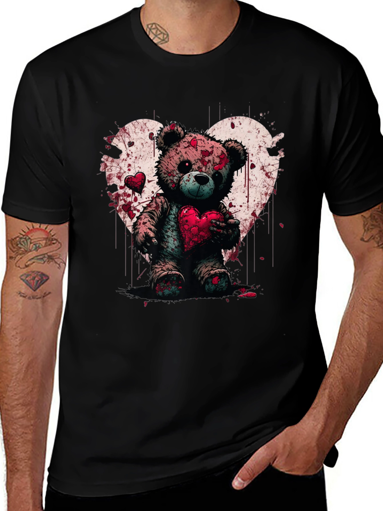 Bloody Valentines Teddy Bear Heart Graphic T-Shirt