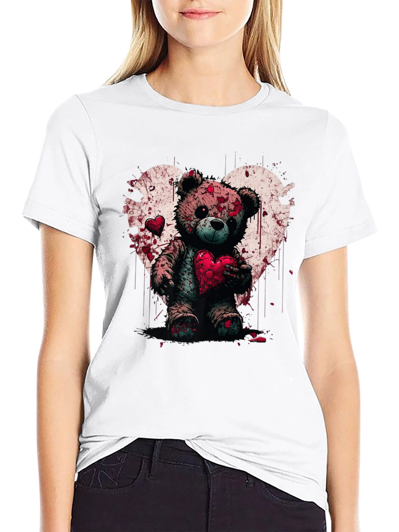 Bloody Valentines Teddy Bear Heart Graphic T-Shirt