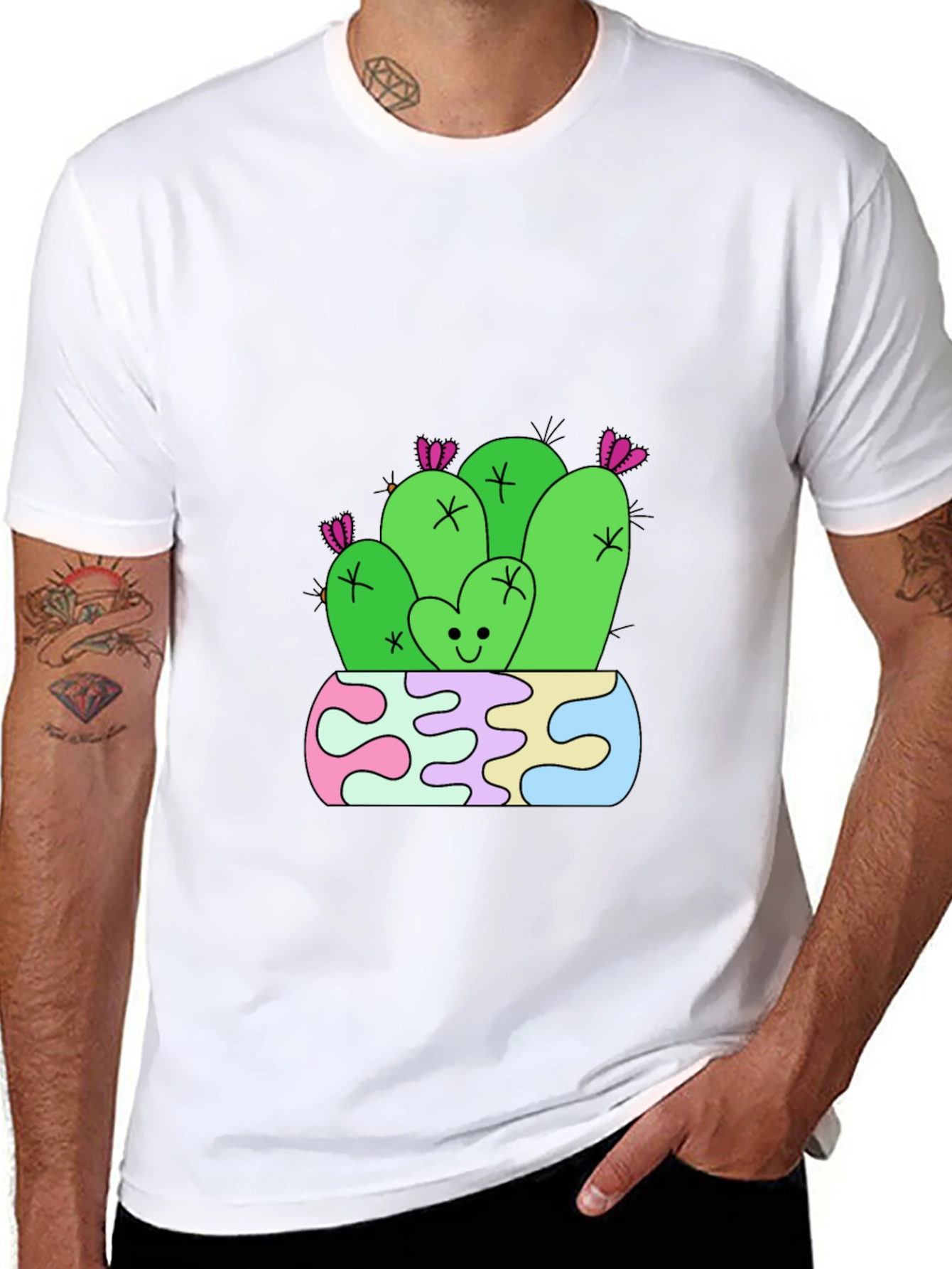 Cute Cactus Graphic Tee - Black Cotton T-Shirt
