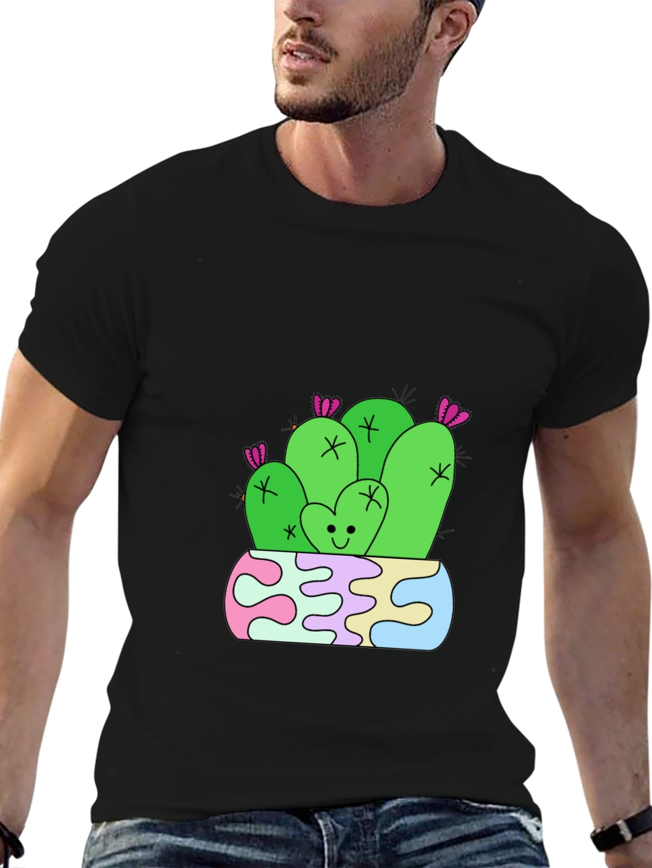 Cute Cactus Graphic Tee - Black Cotton T-Shirt