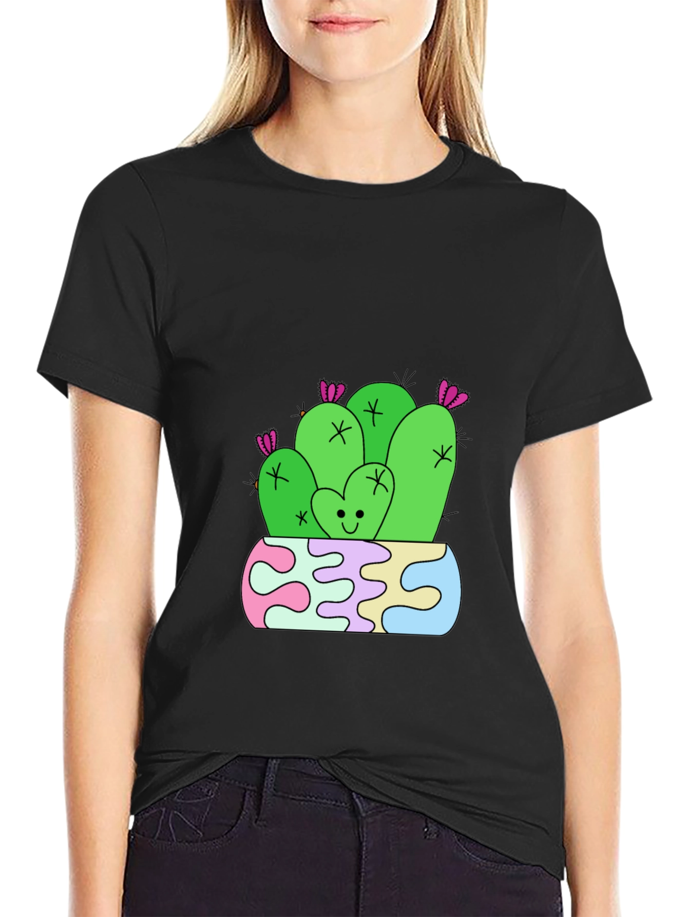 Cute Cactus Graphic Tee - Black Cotton T-Shirt
