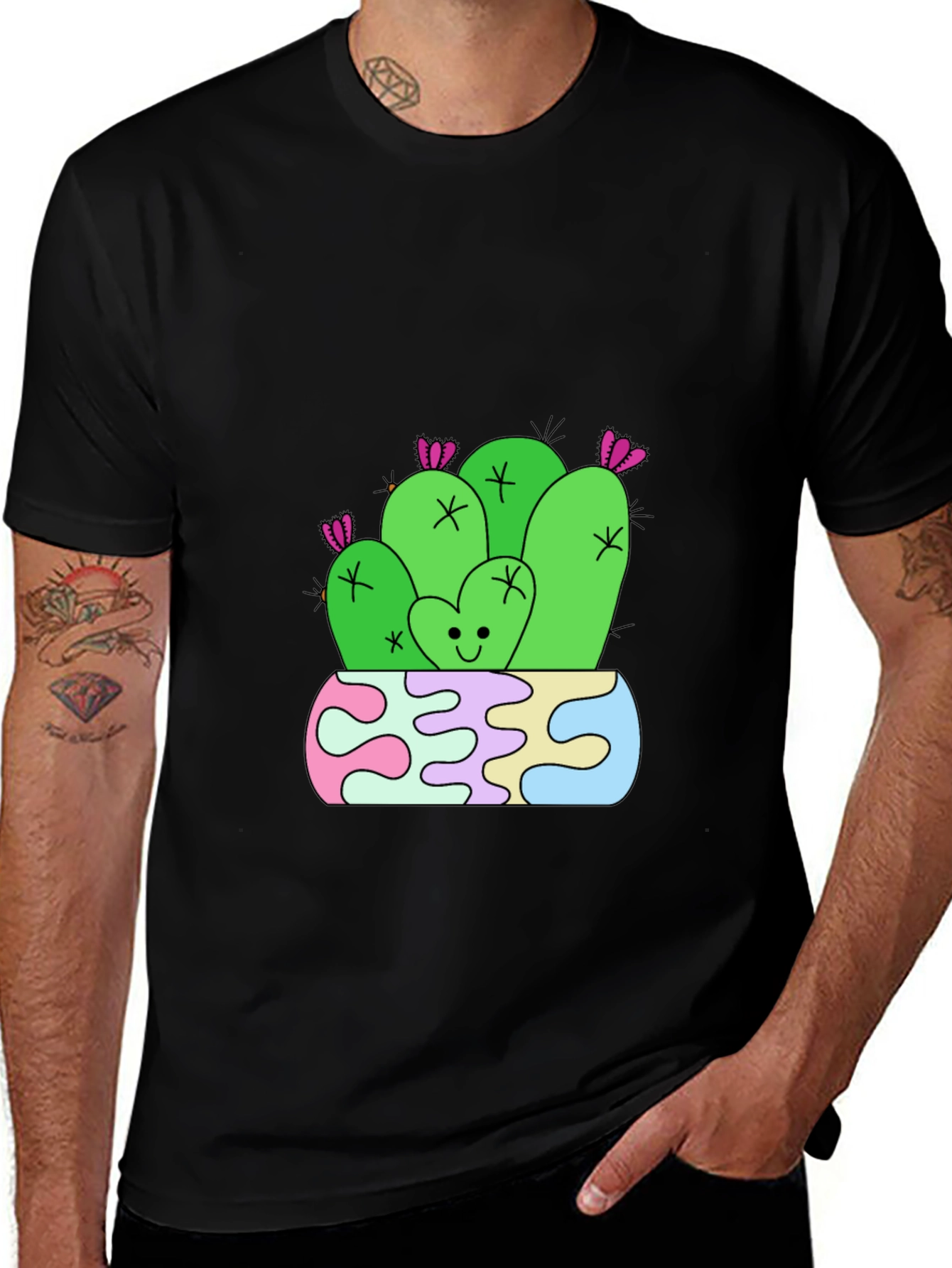 Cute Cactus Graphic Tee - Black Cotton T-Shirt