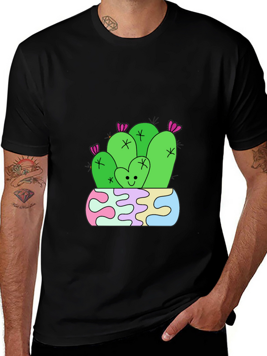 Cute Cactus Graphic Tee - Black Cotton T-Shirt