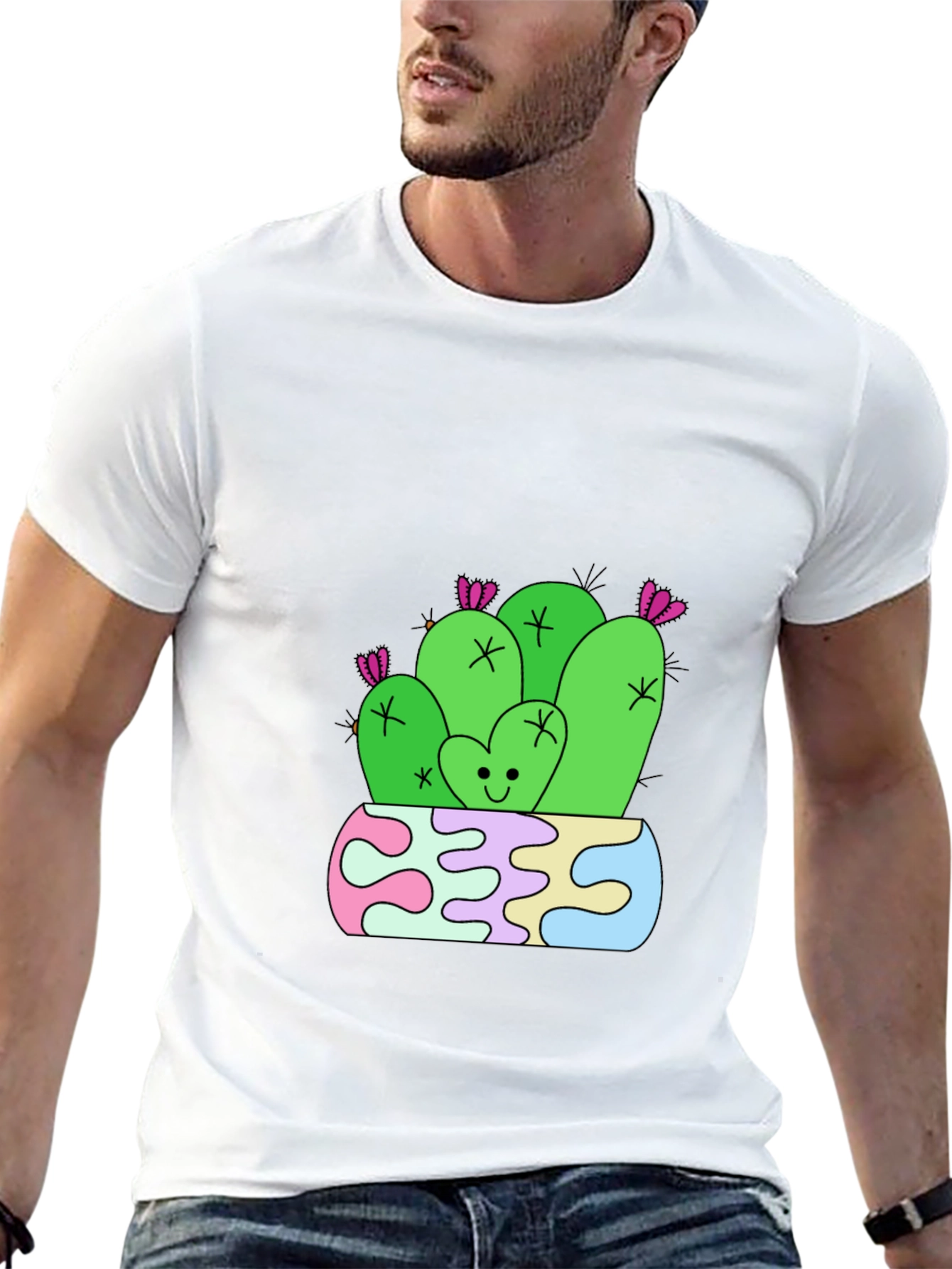 Cute Cactus Graphic Tee - Black Cotton T-Shirt
