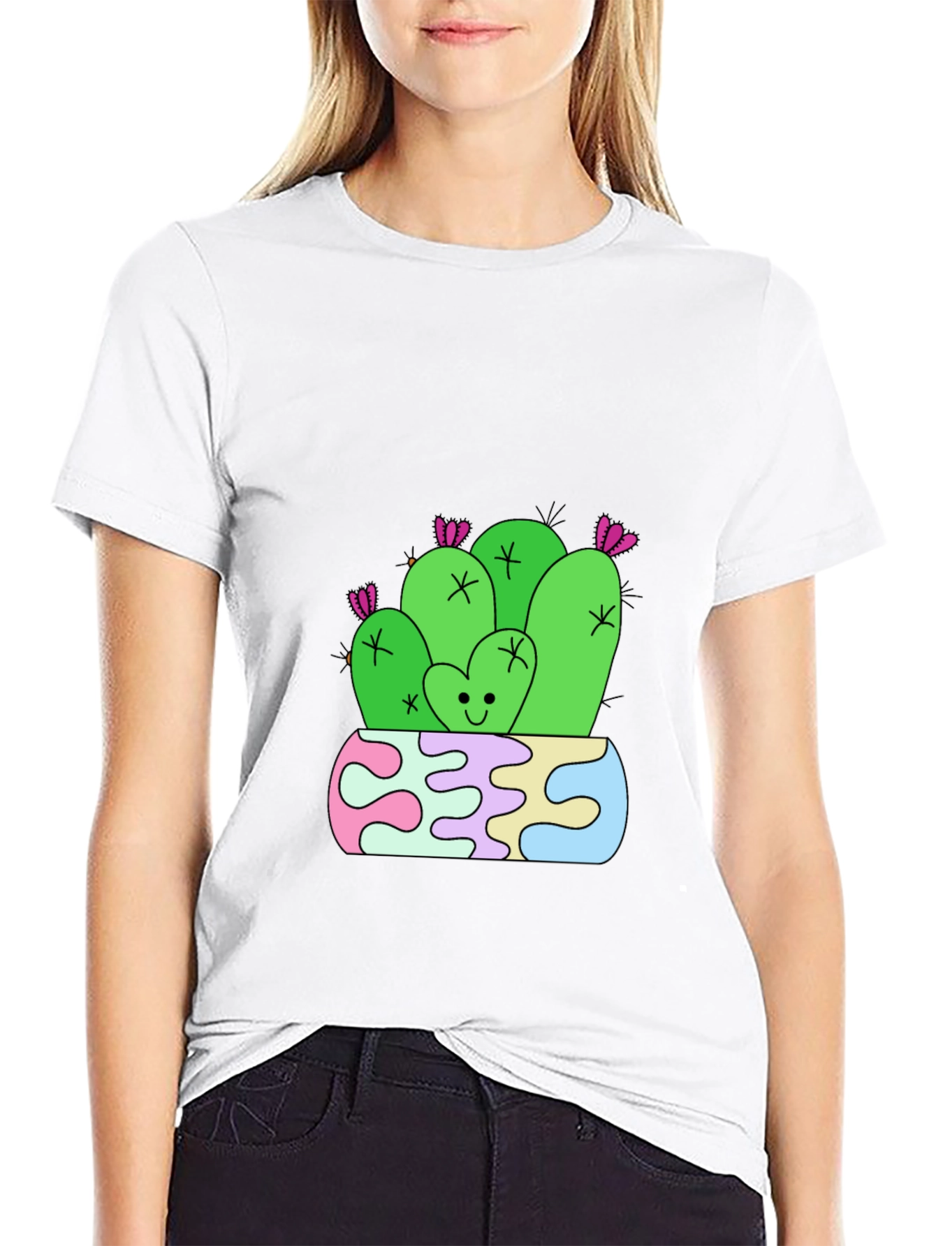 Cute Cactus Graphic Tee - Black Cotton T-Shirt