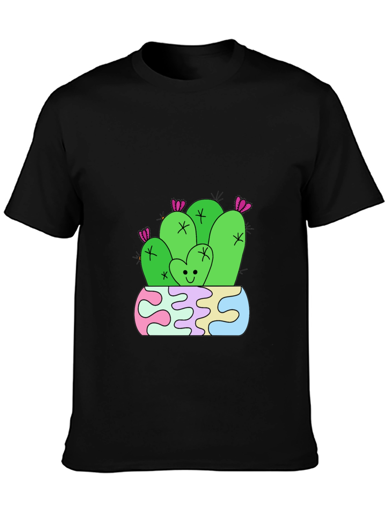 Cute Cactus Graphic Tee - Black Cotton T-Shirt