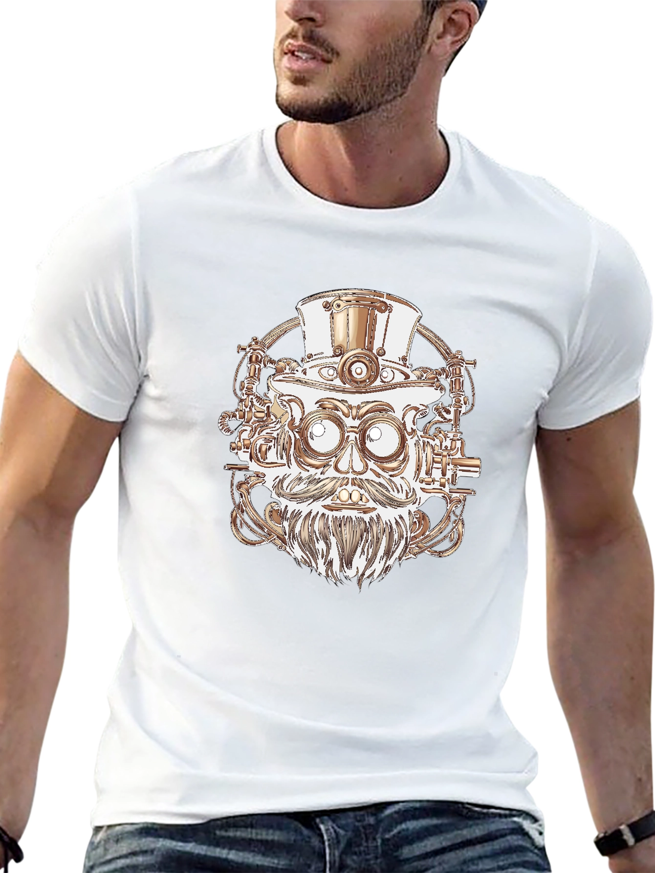 Steampunk Robot Head Graphic Tee - Black Cotton Shirt
