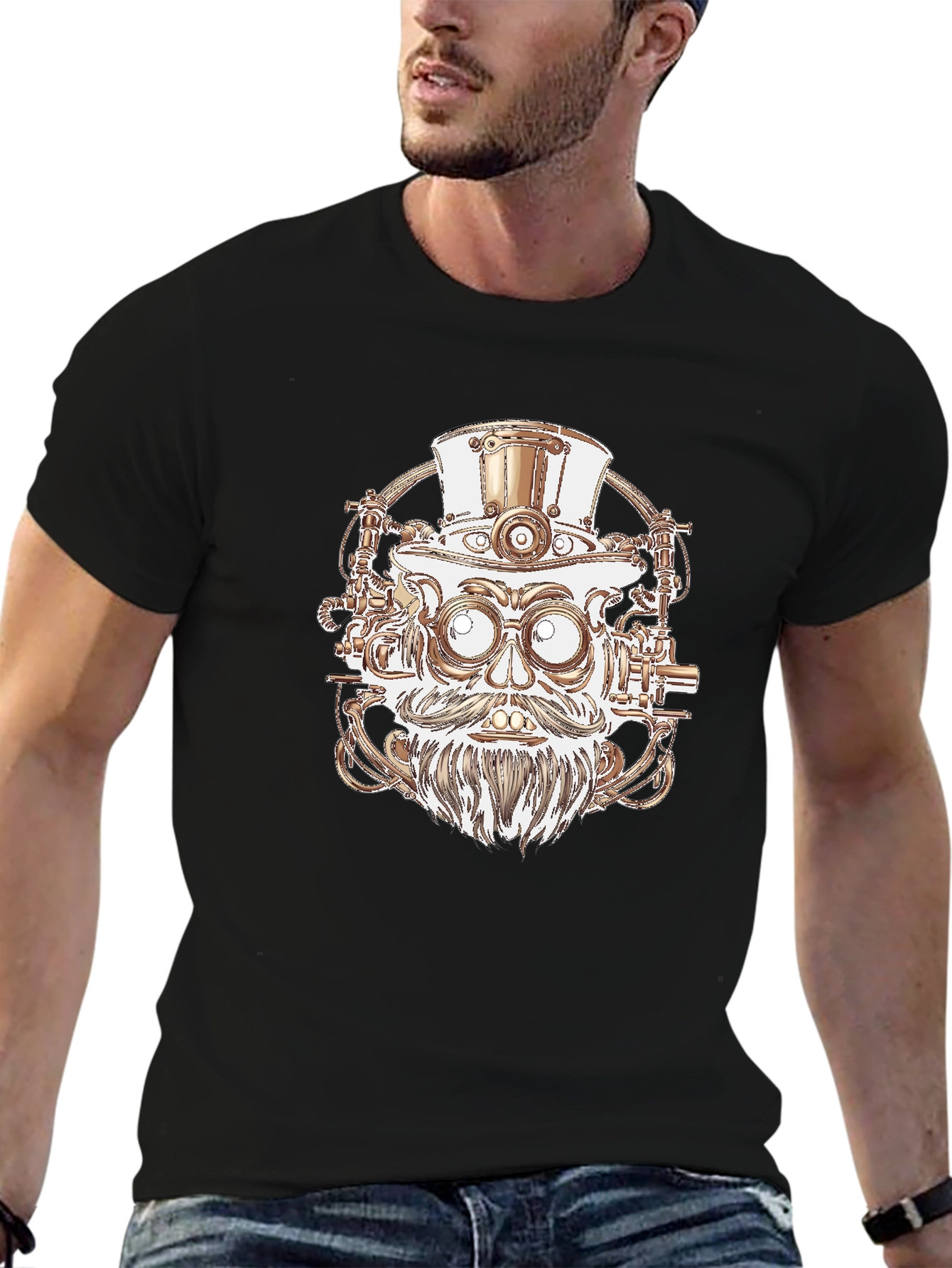Steampunk Robot Head Graphic Tee - Black Cotton Shirt