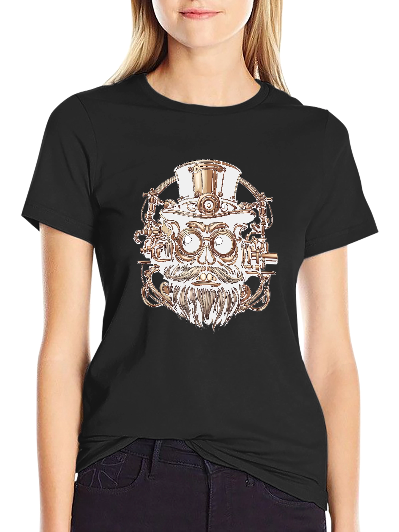 Steampunk Robot Head Graphic Tee - Black Cotton Shirt