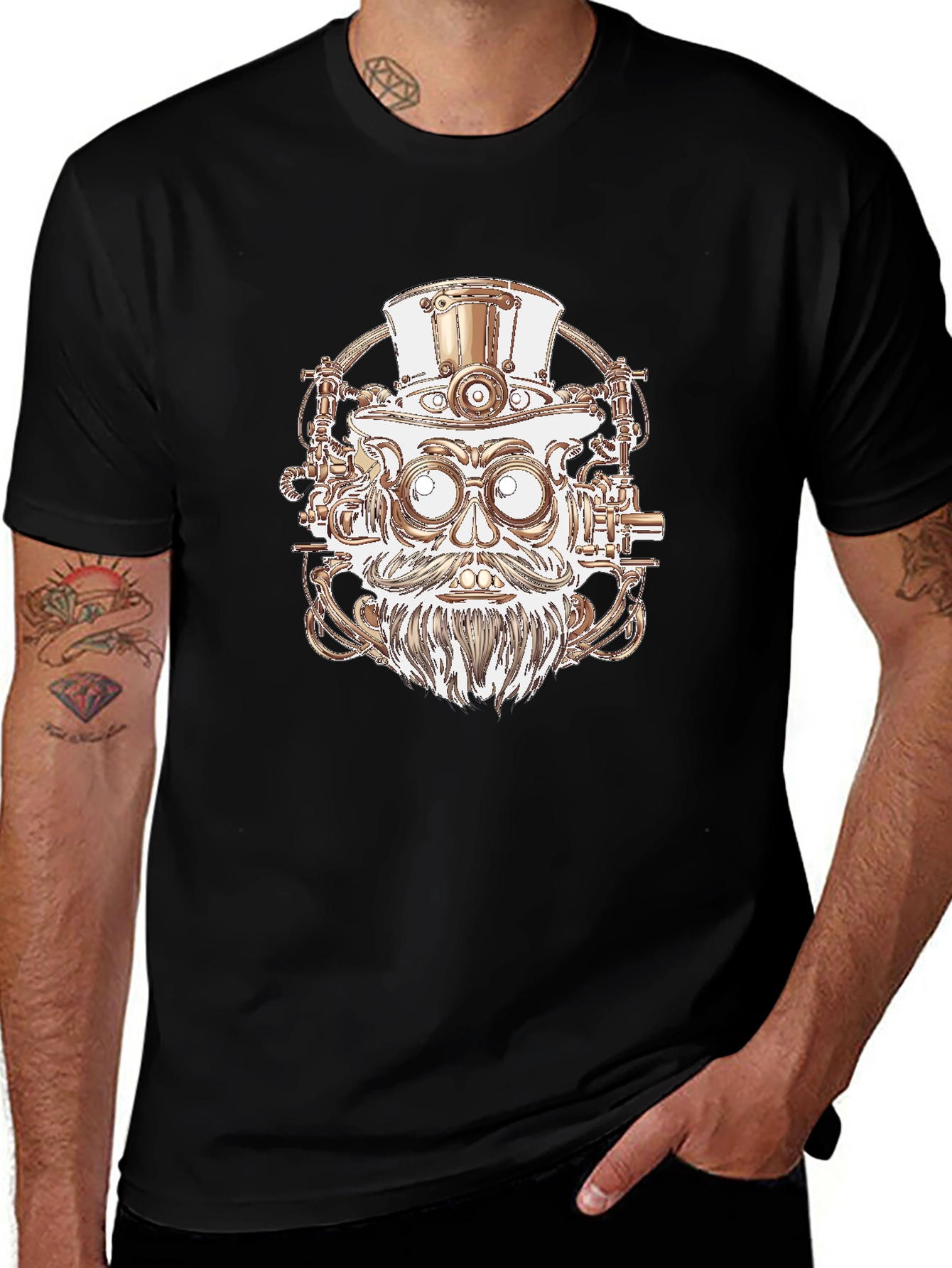 Steampunk Robot Head Graphic Tee - Black Cotton Shirt