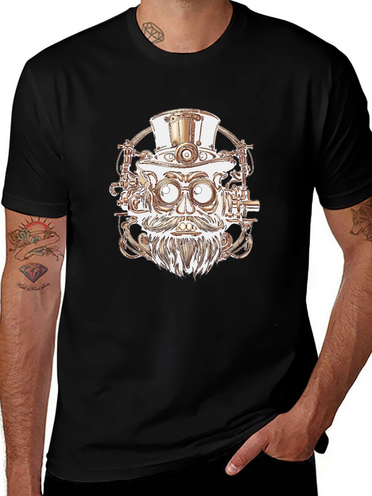 Steampunk Robot Head Graphic Tee - Black Cotton Shirt