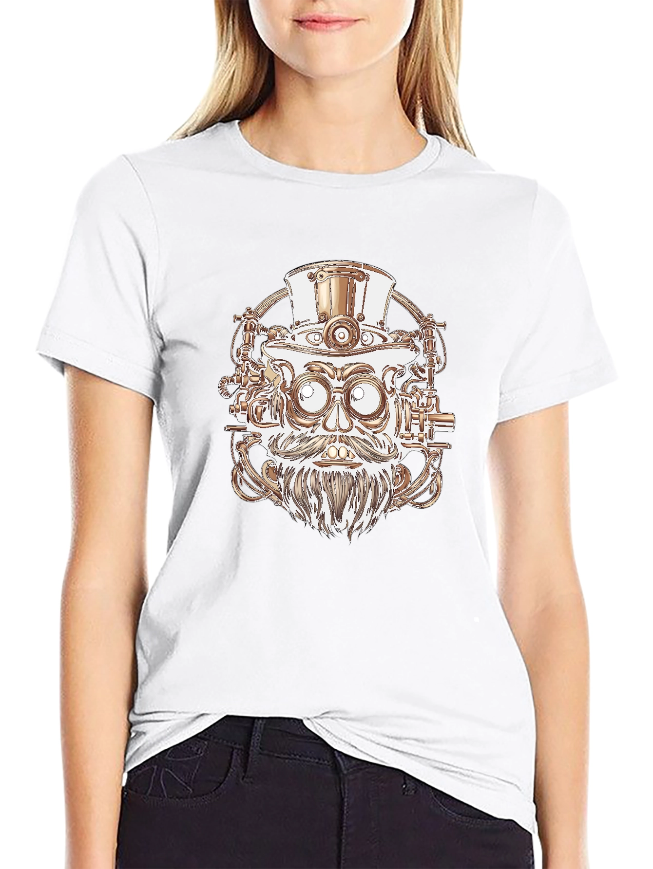 Steampunk Robot Head Graphic Tee - Black Cotton Shirt