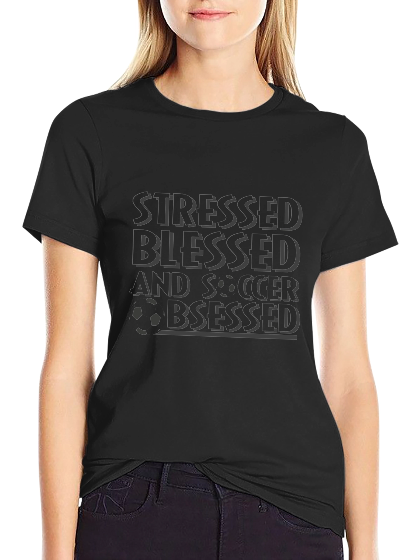 Stressed Blessed Soccer Obsessed Black Graphic Tee
