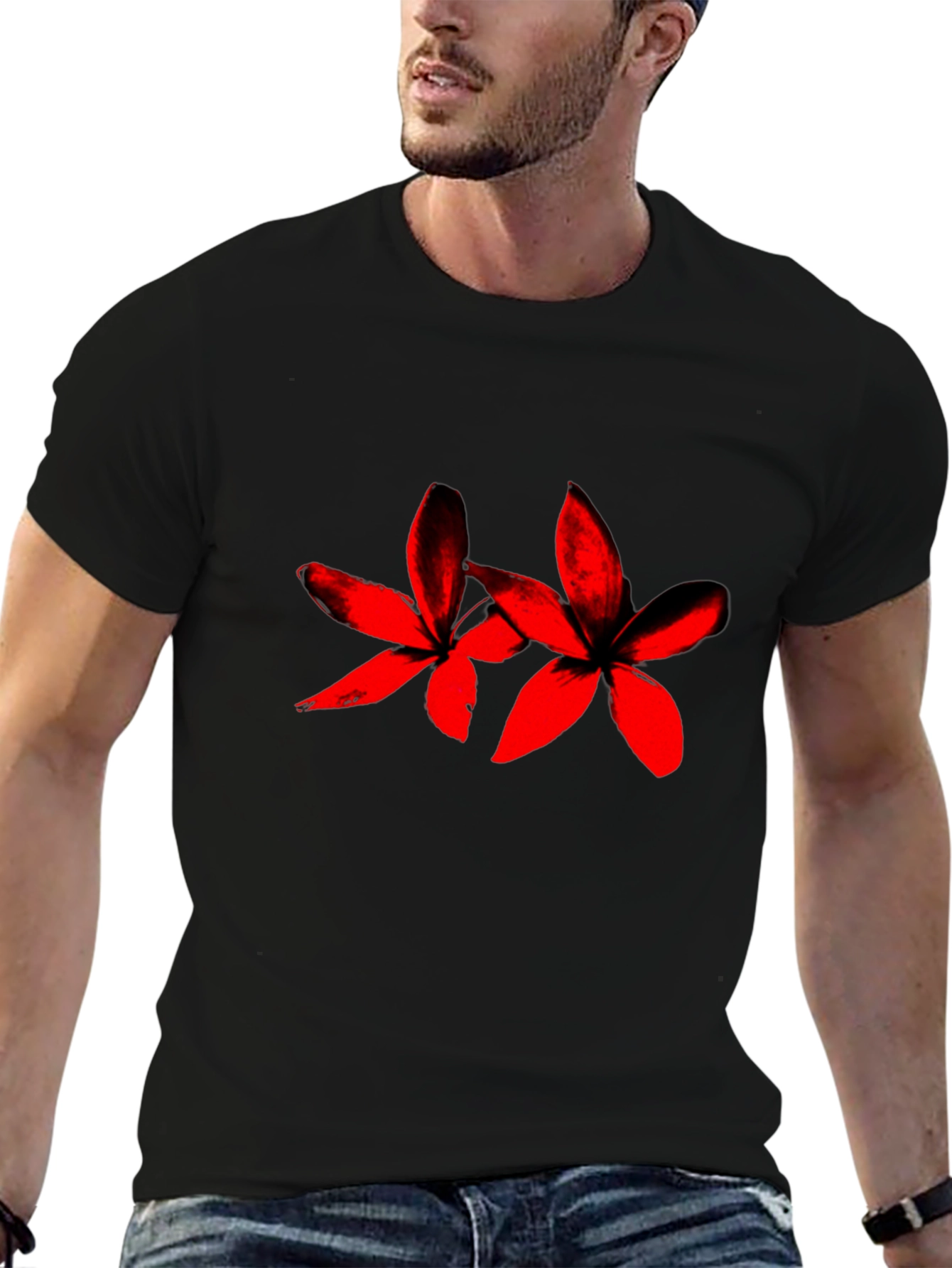 Black Tee with Red Floral Print