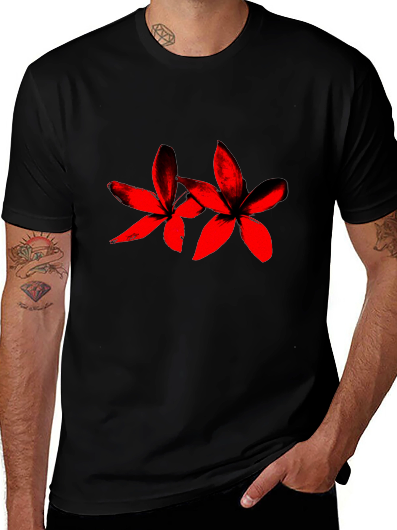 Black Tee with Red Floral Print