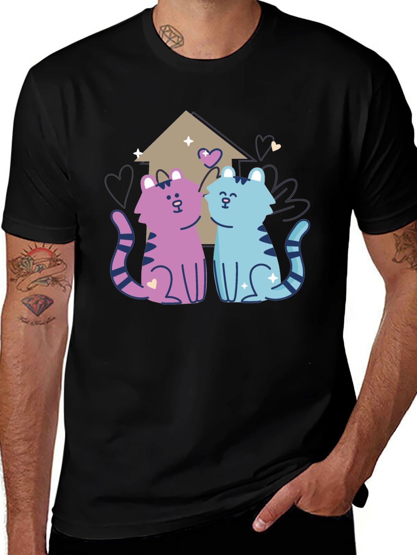 Cute Cartoon Cats Black T-Shirt