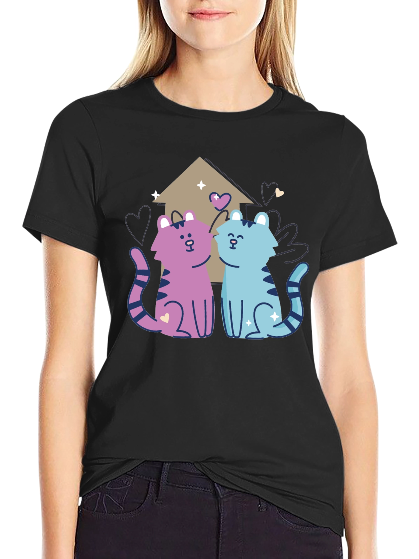 Cute Cartoon Cats Black T-Shirt
