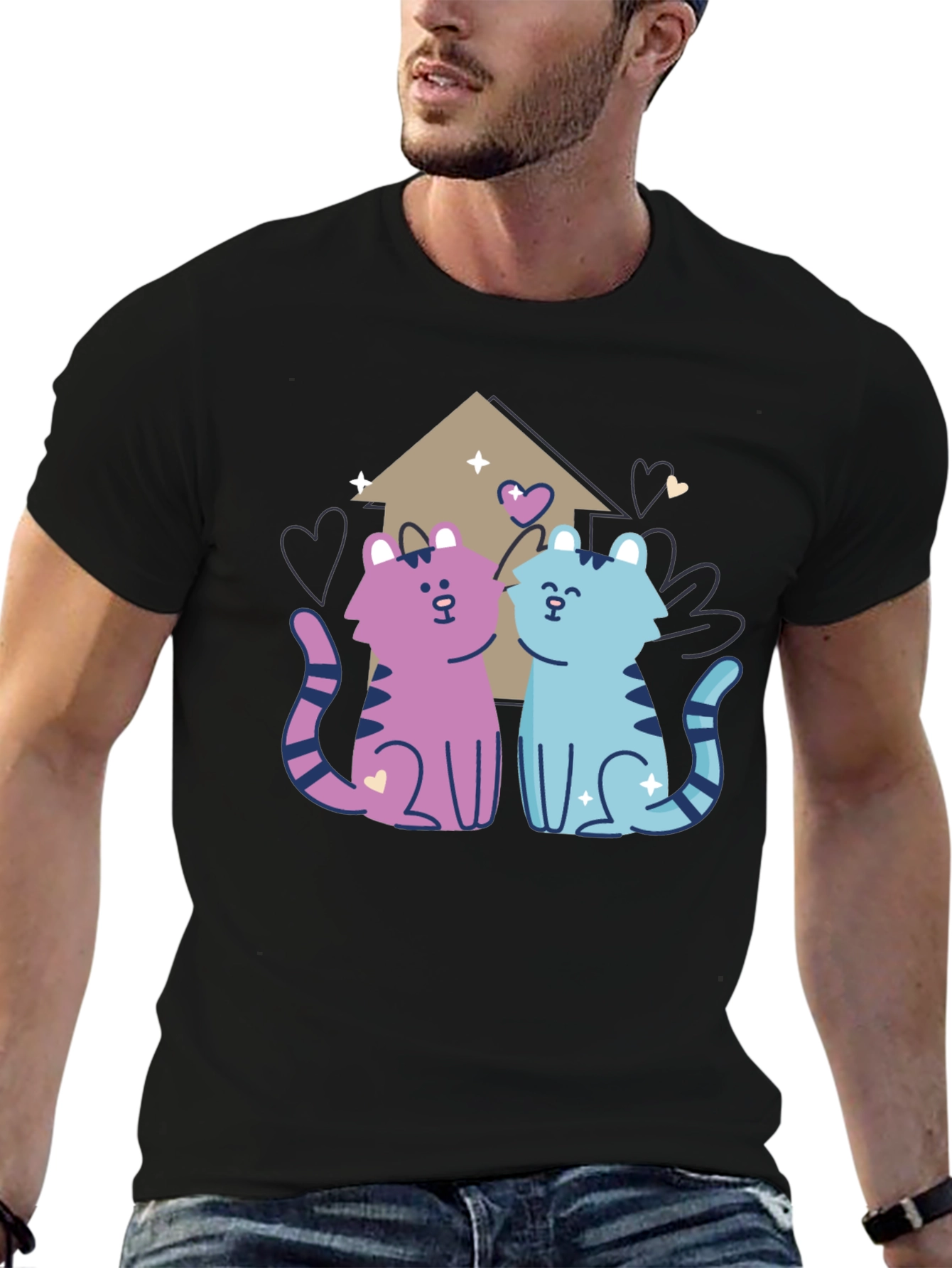 Cute Cartoon Cats Black T-Shirt