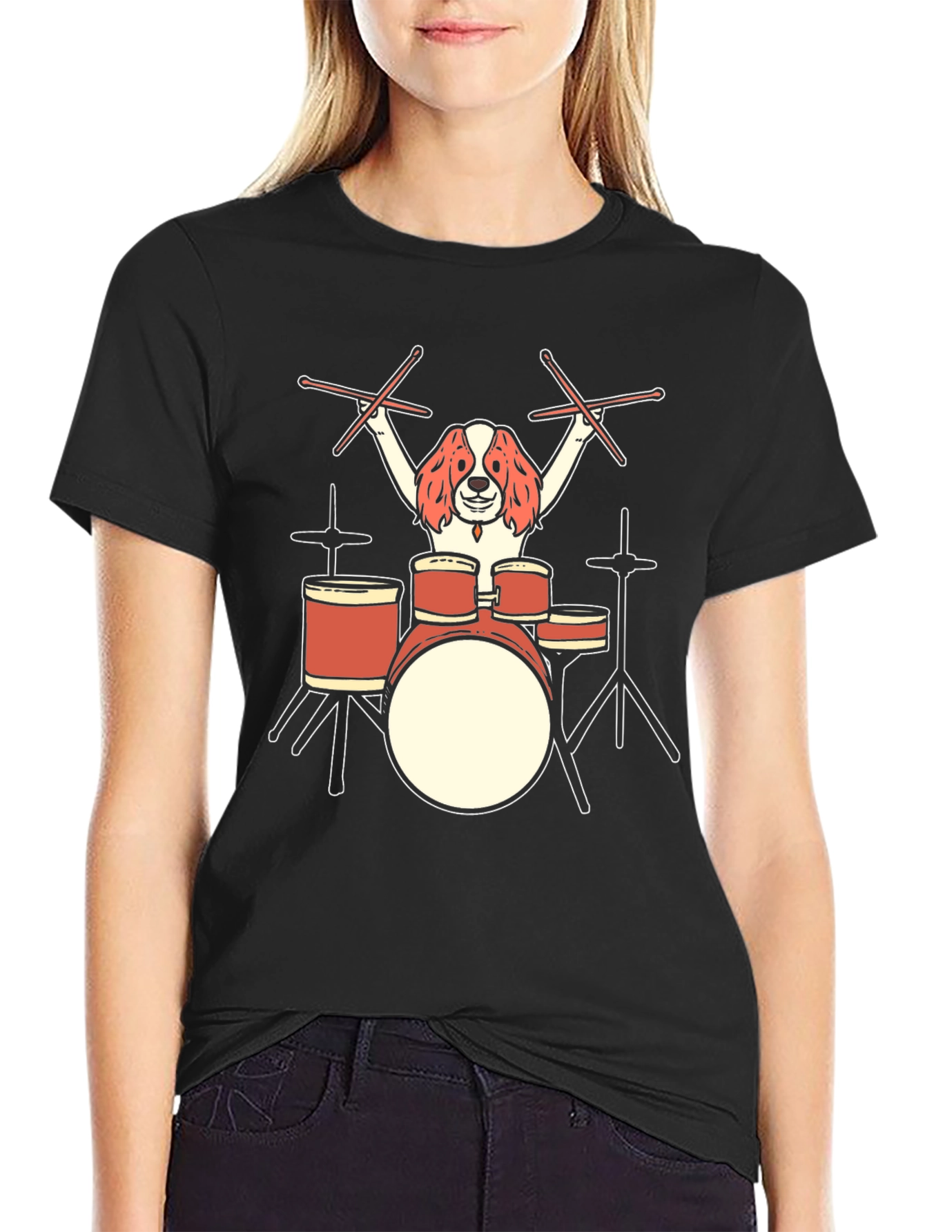 Dog Drummer Graphic T-Shirt - Black Cotton Tee
