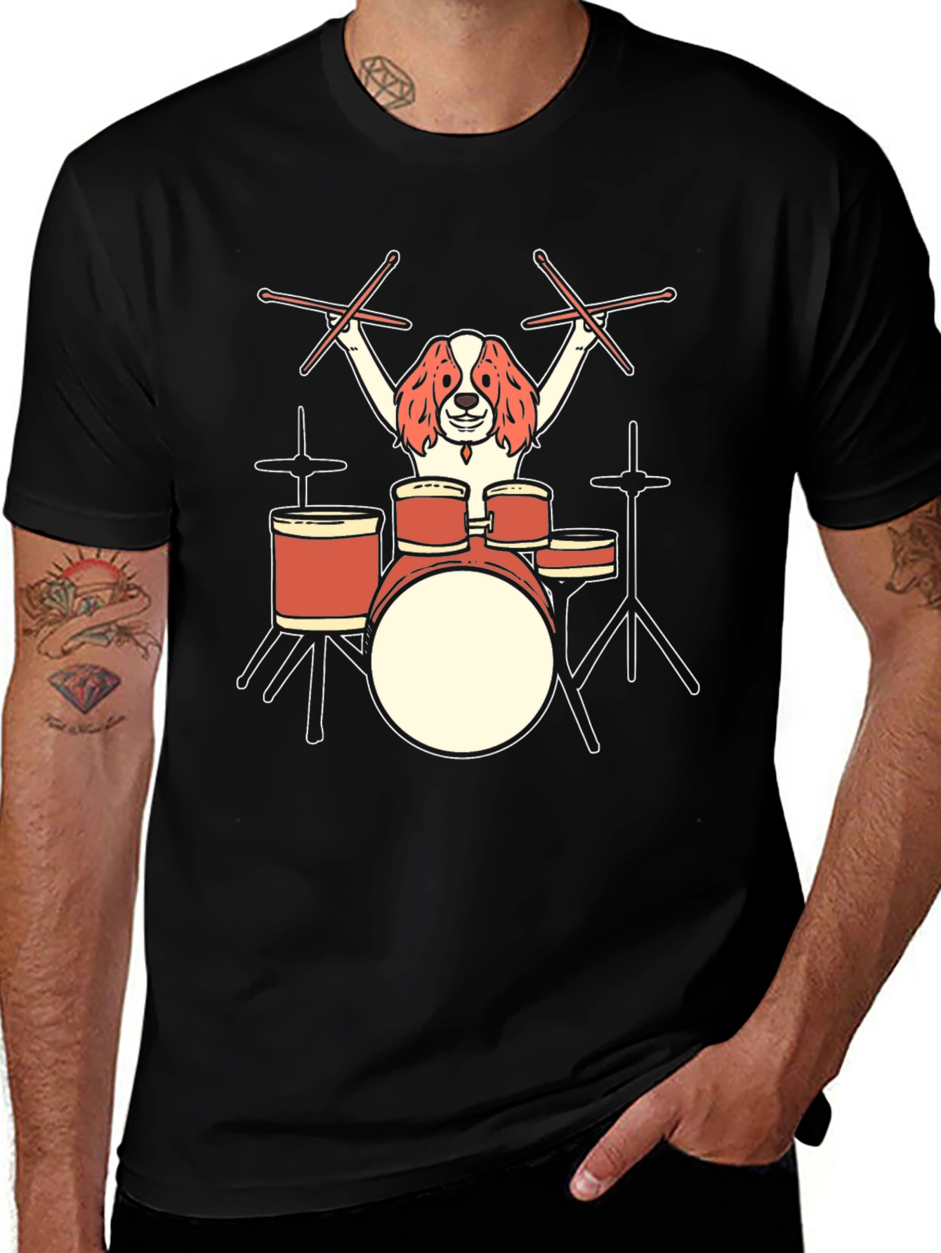 Dog Drummer Graphic T-Shirt - Black Cotton Tee