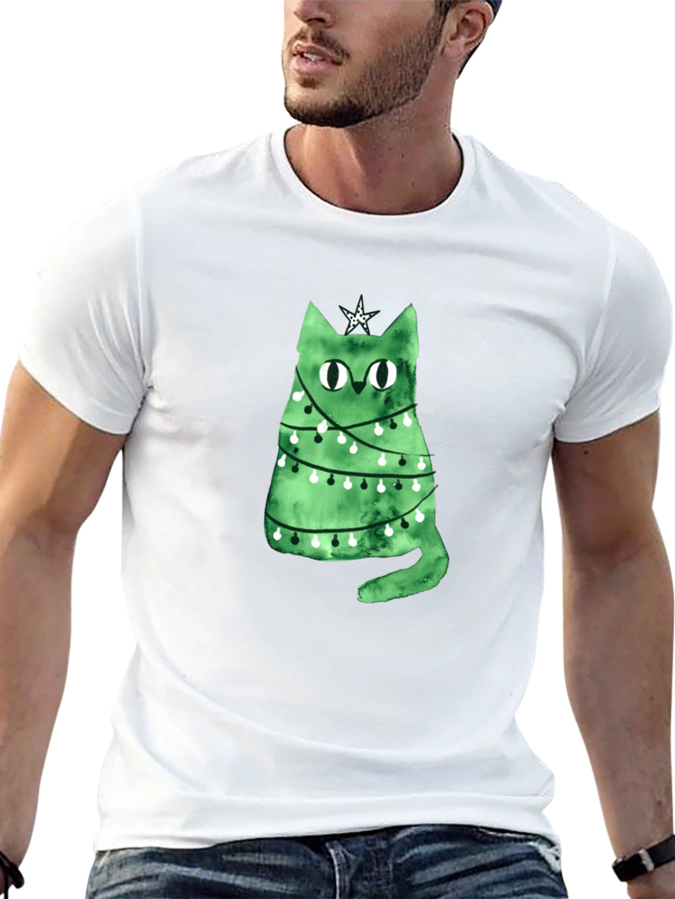Christmas Cat T-Shirt - Green Holiday Tee
