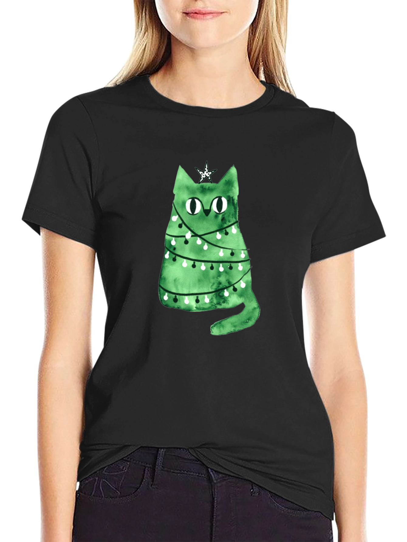 Christmas Cat T-Shirt - Green Holiday Tee
