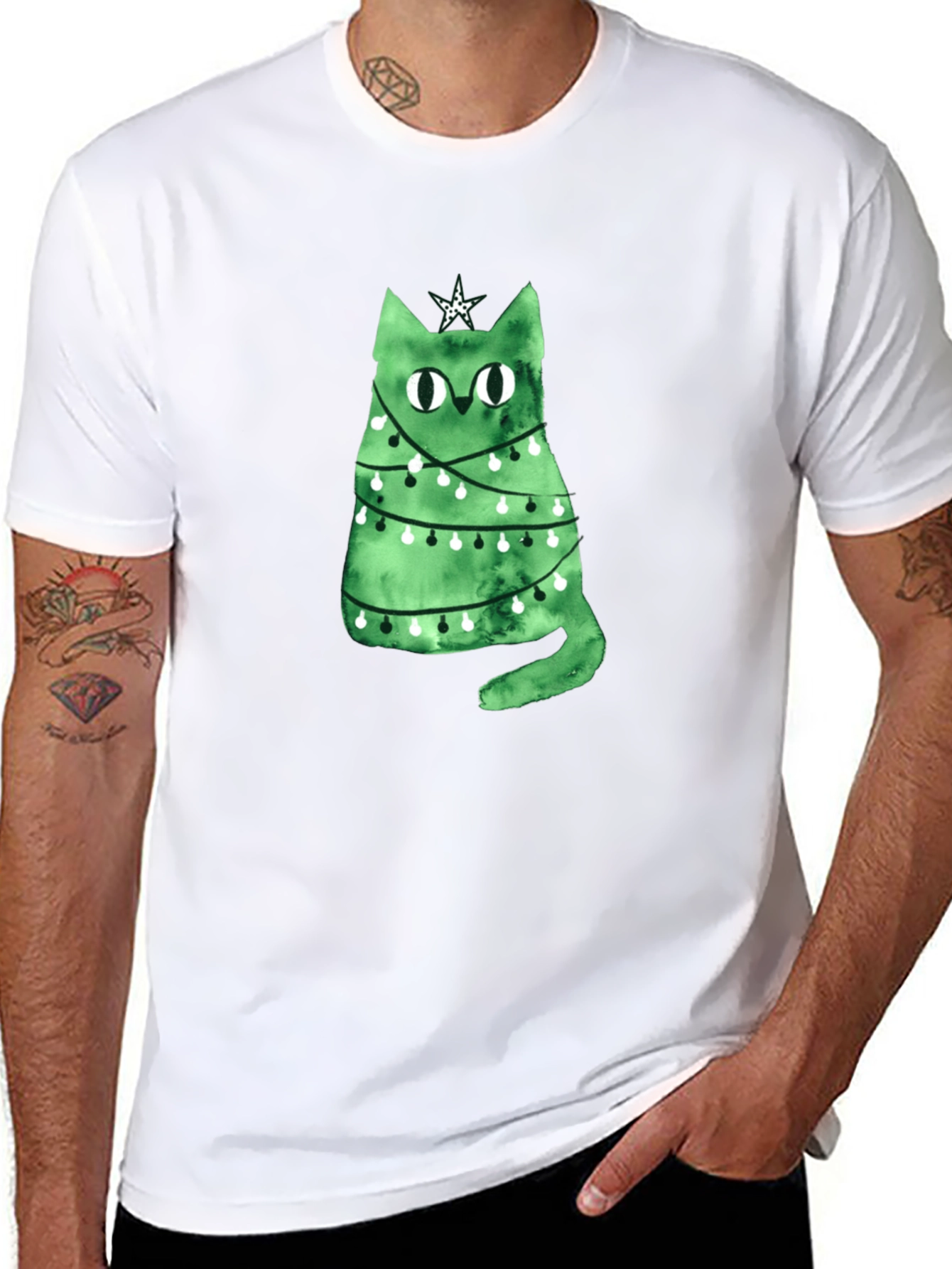 Christmas Cat T-Shirt - Green Holiday Tee