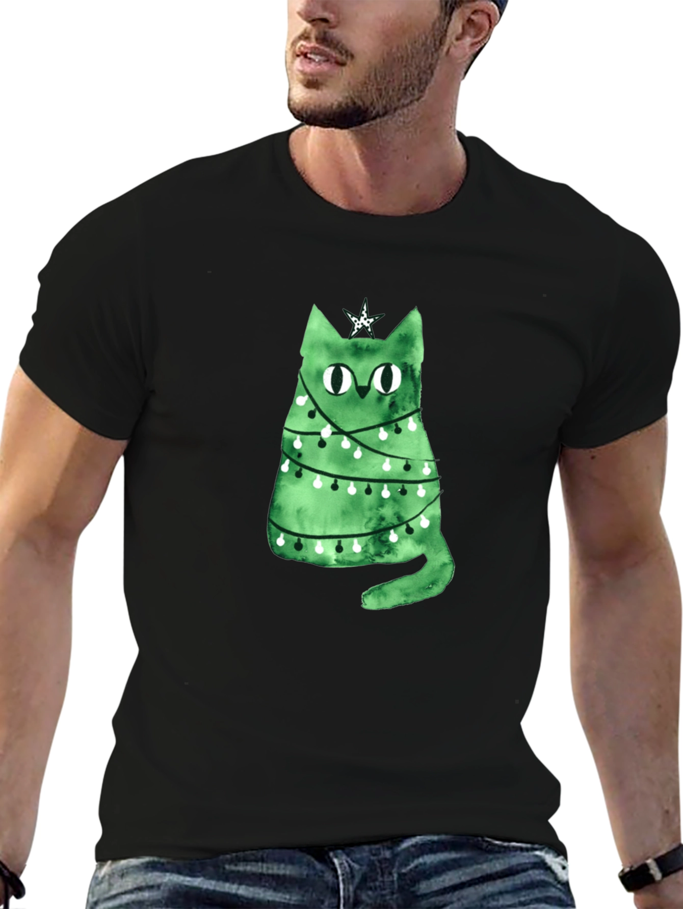 Christmas Cat T-Shirt - Green Holiday Tee