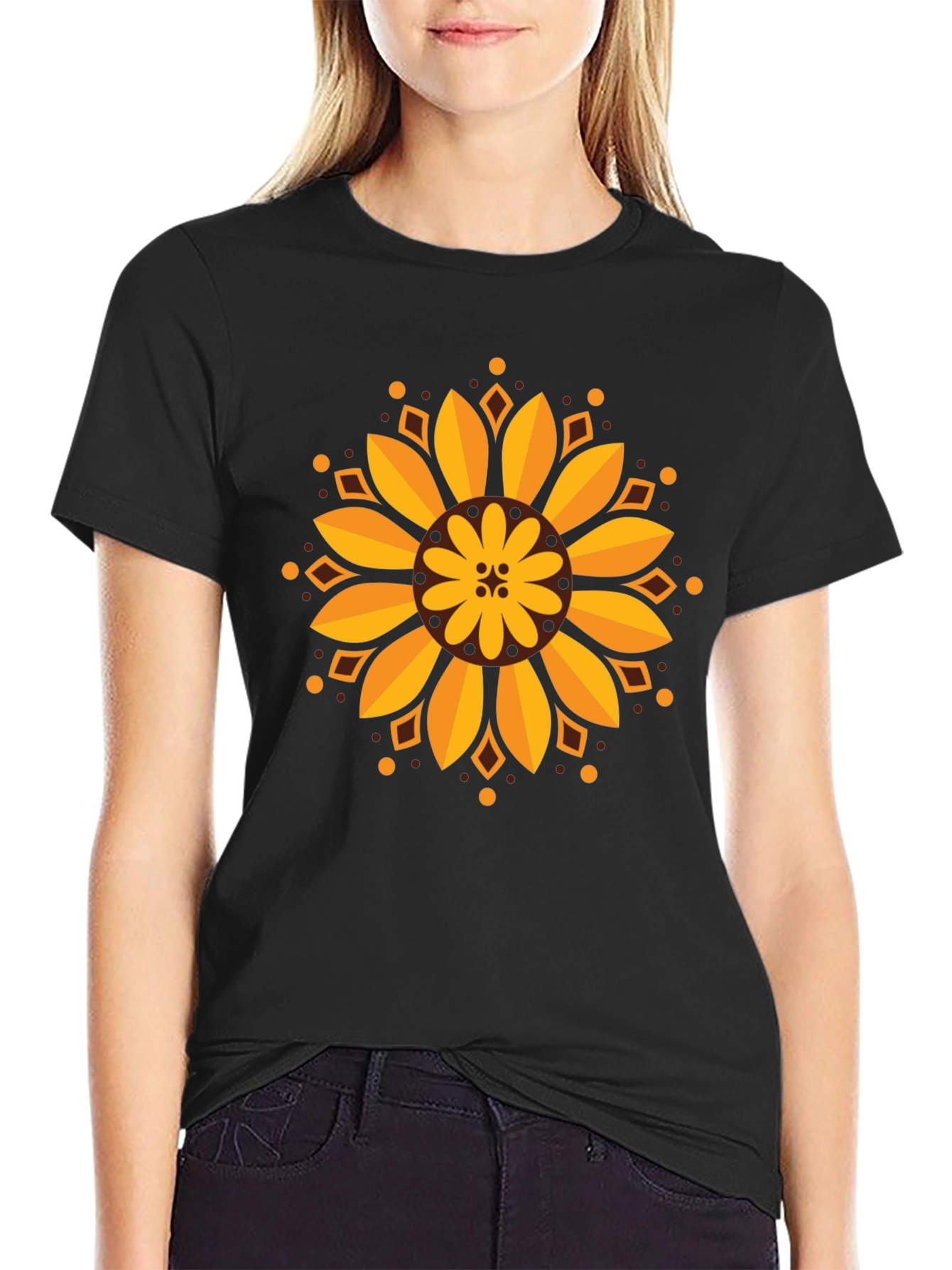 Sunflower Mandala Graphic Black T-Shirt