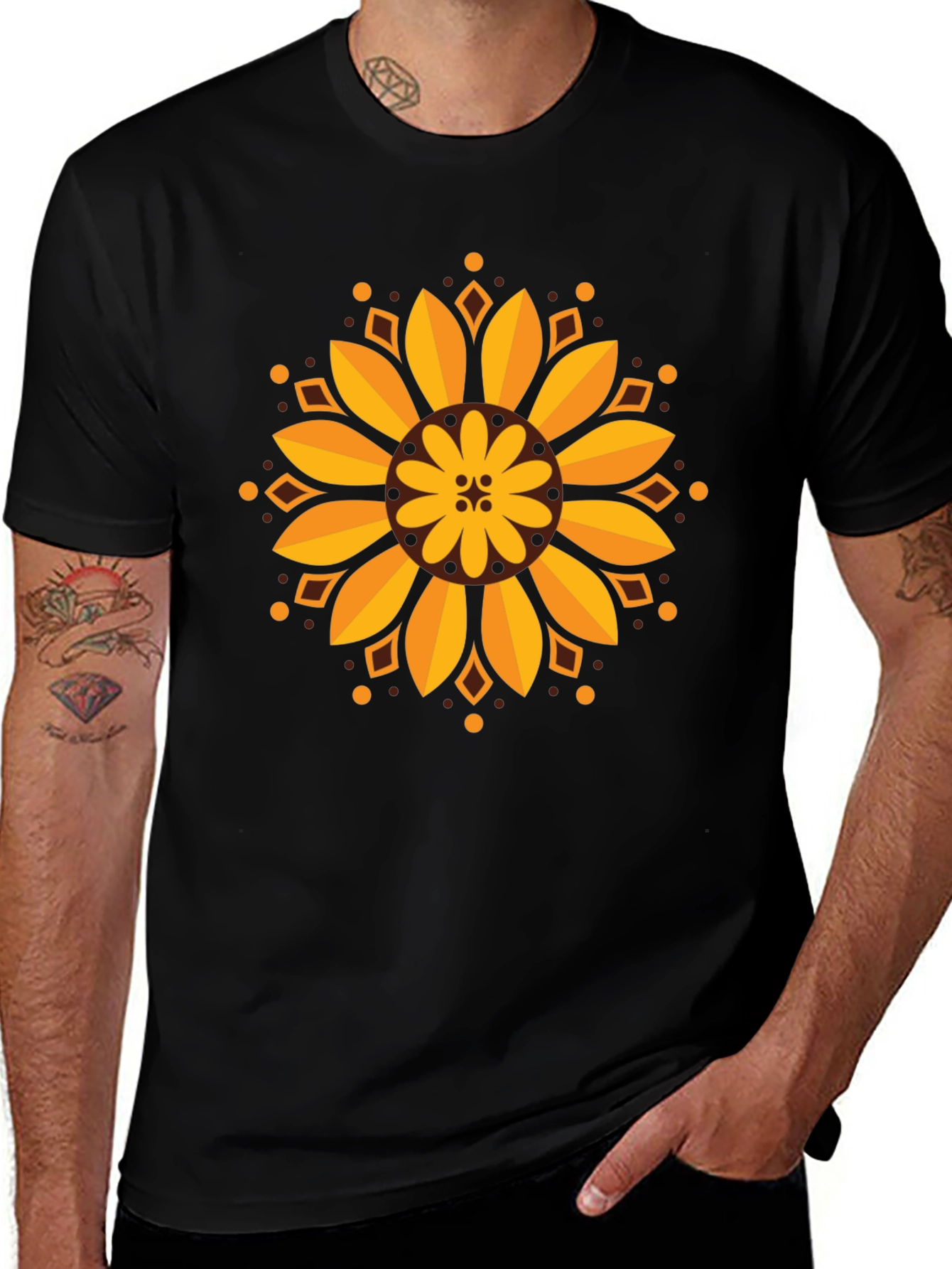 Sunflower Mandala Graphic Black T-Shirt