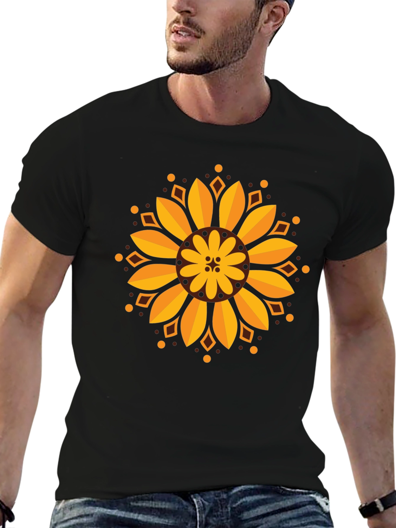 Sunflower Mandala Graphic Black T-Shirt