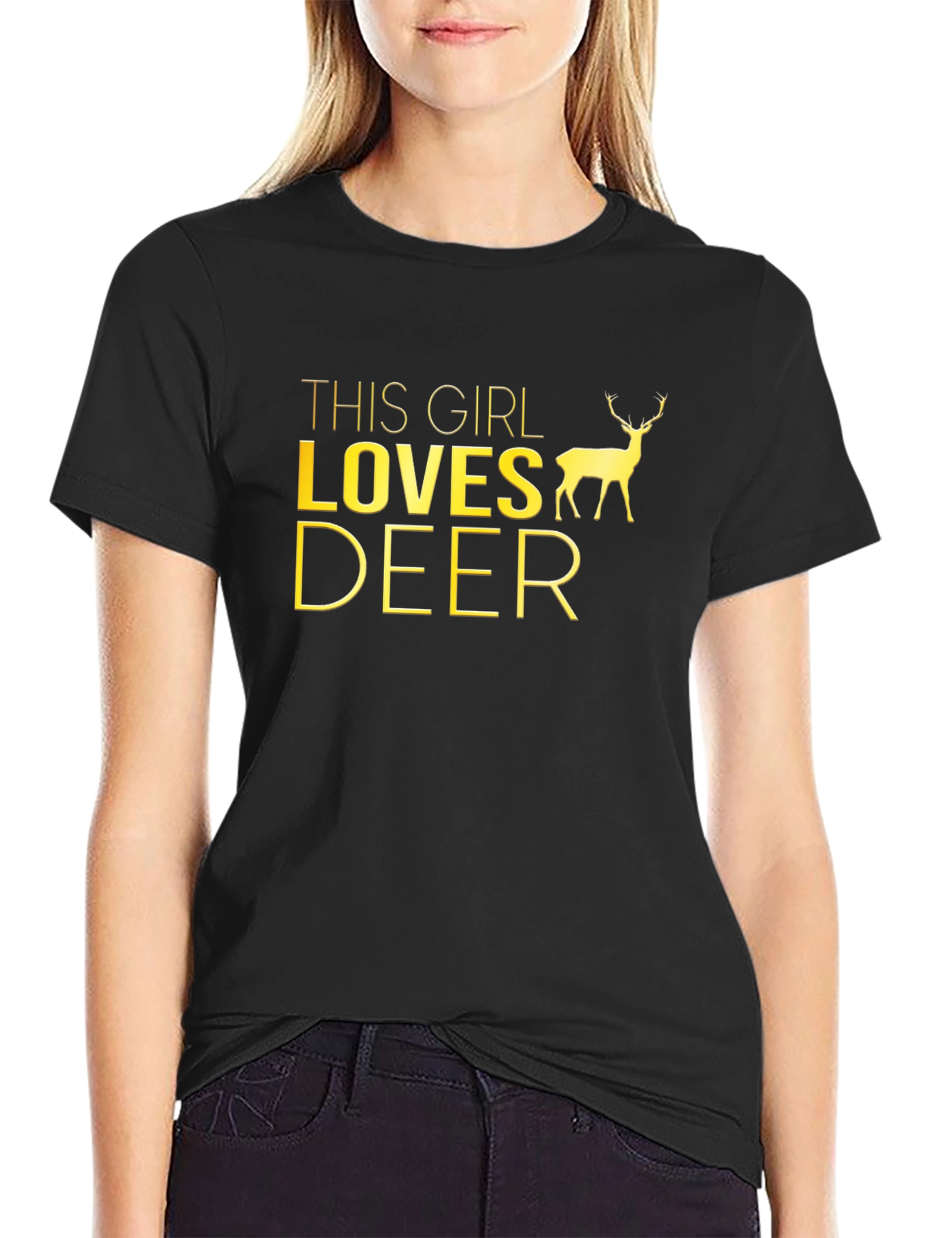 This Girl Loves Deer Black Graphic T-Shirt