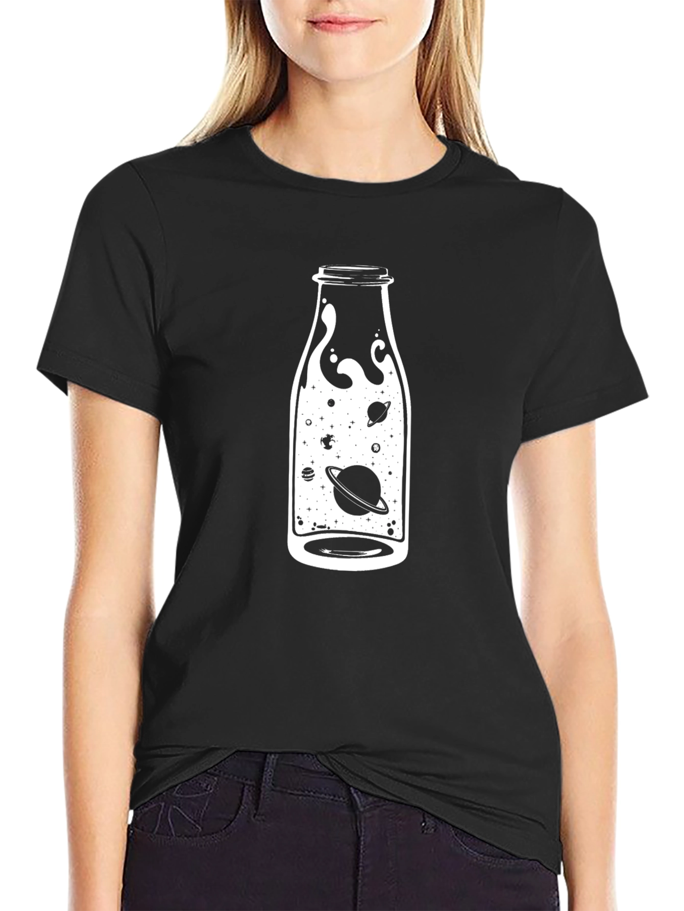 Cosmic Bottle Graphic Tee - Black Cotton T-Shirt