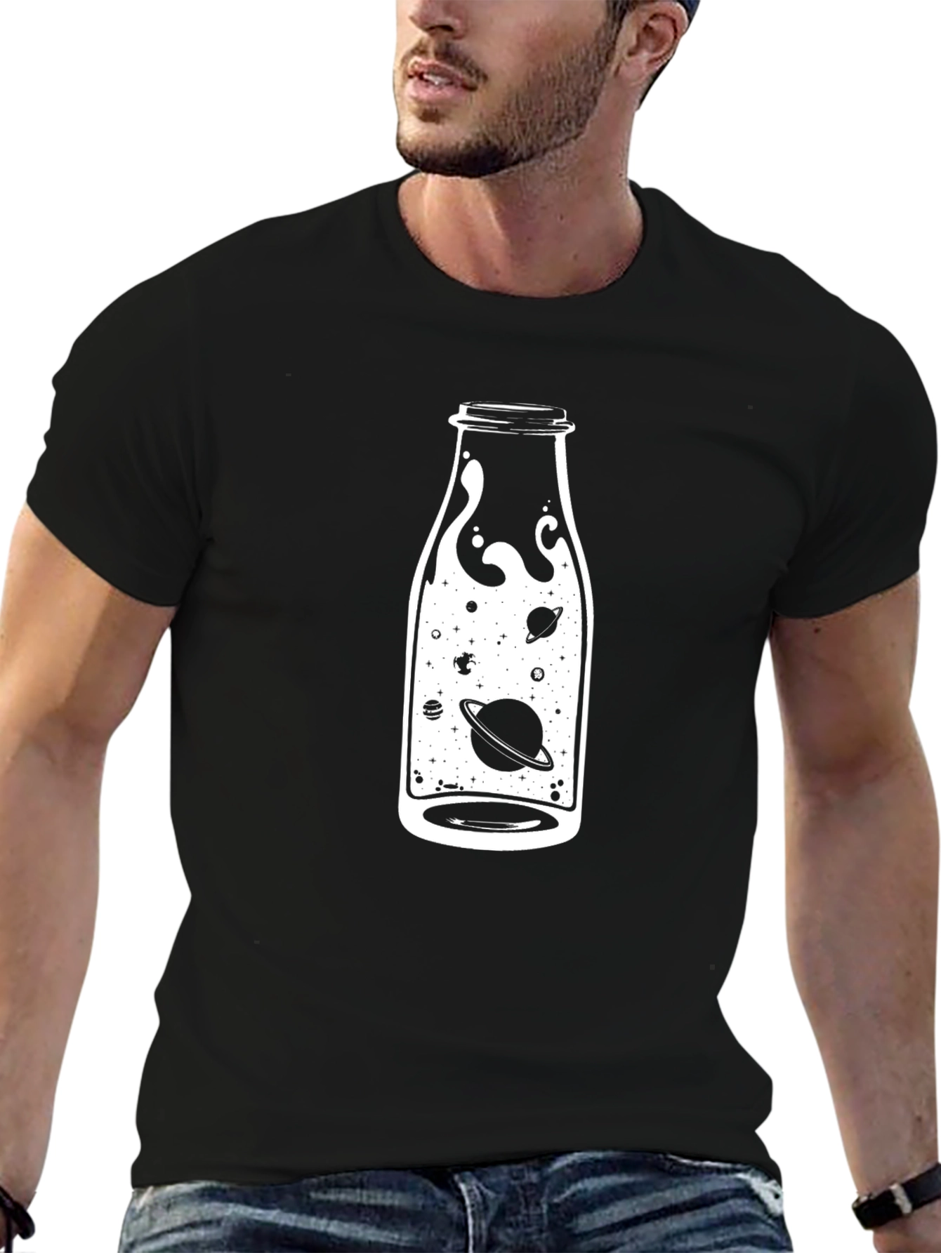 Cosmic Bottle Graphic Tee - Black Cotton T-Shirt