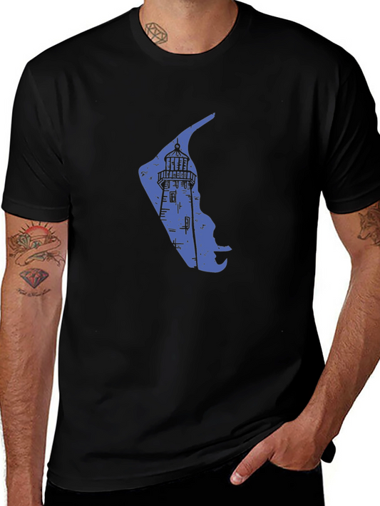 Coastal Lighthouse Graphic Tee - Black Cotton Blend