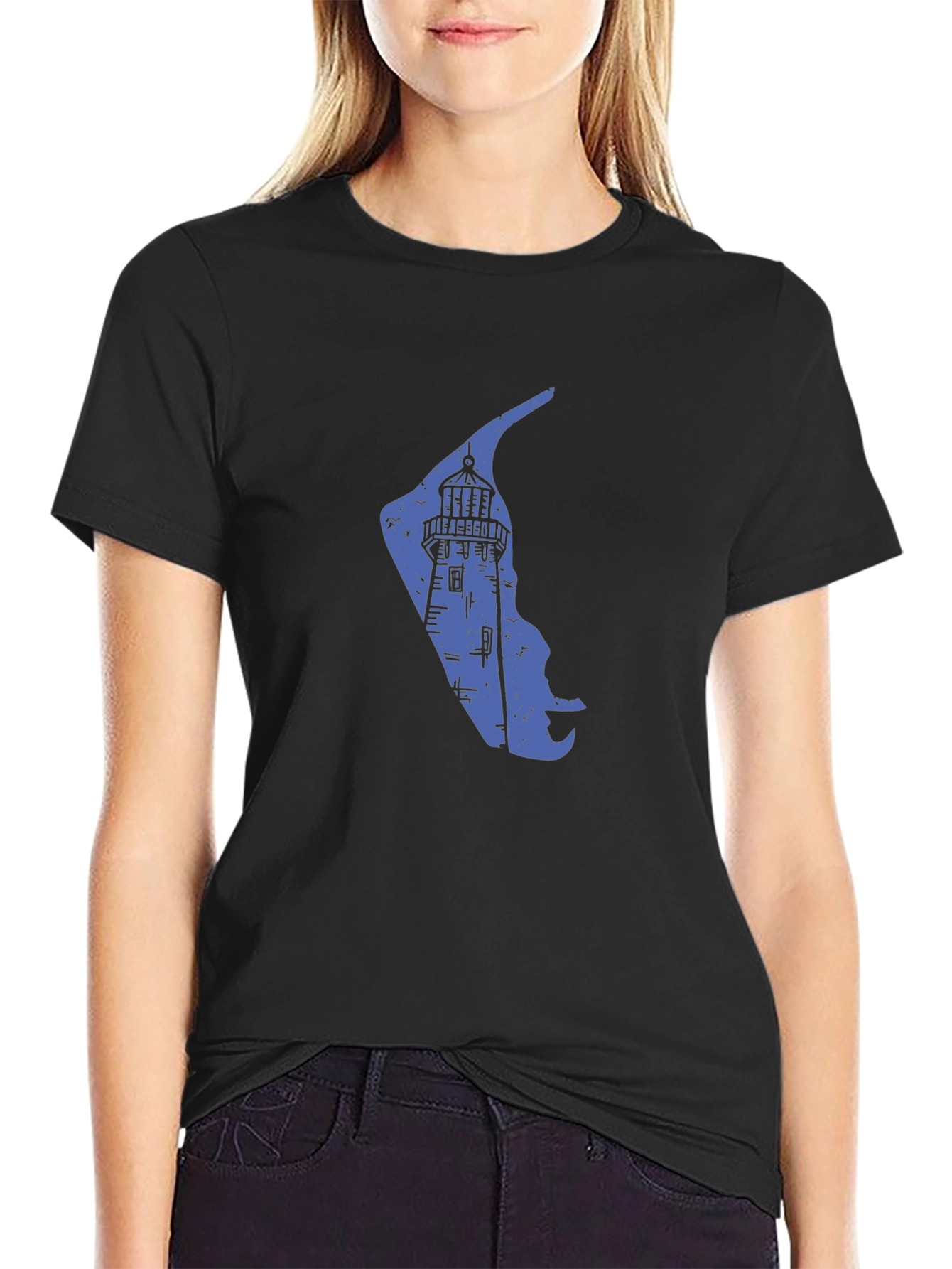 Coastal Lighthouse Graphic Tee - Black Cotton Blend