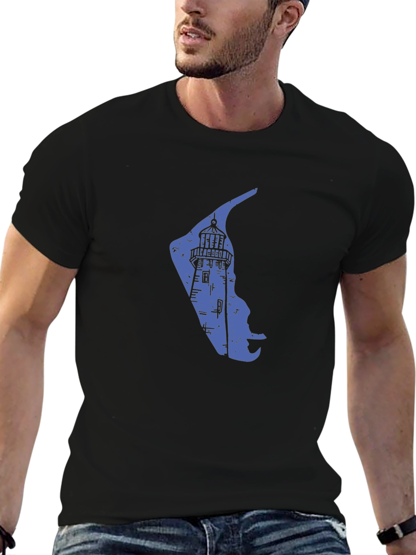 Coastal Lighthouse Graphic Tee - Black Cotton Blend