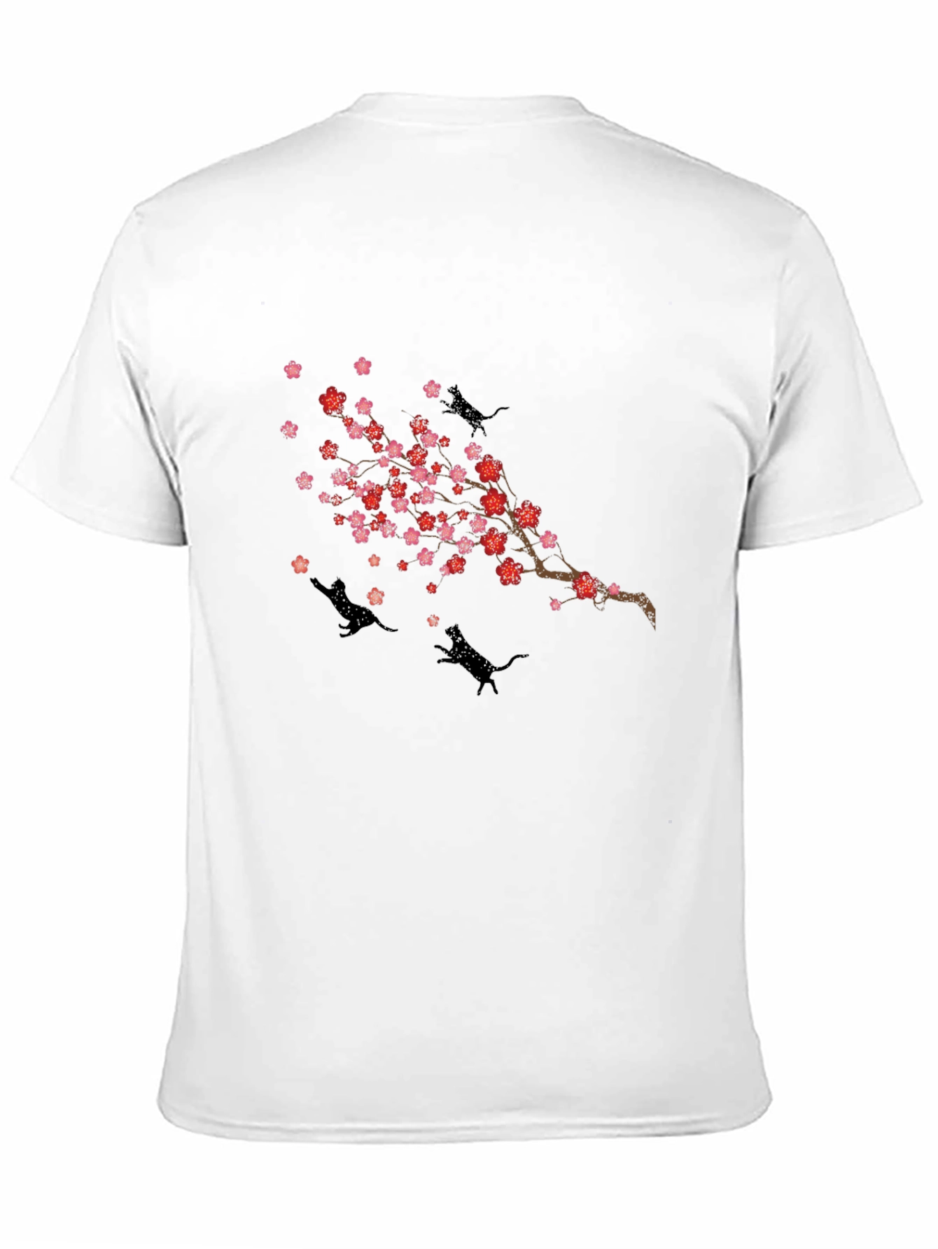 Cherry Blossom Cats T-Shirt - Black Crew Neck