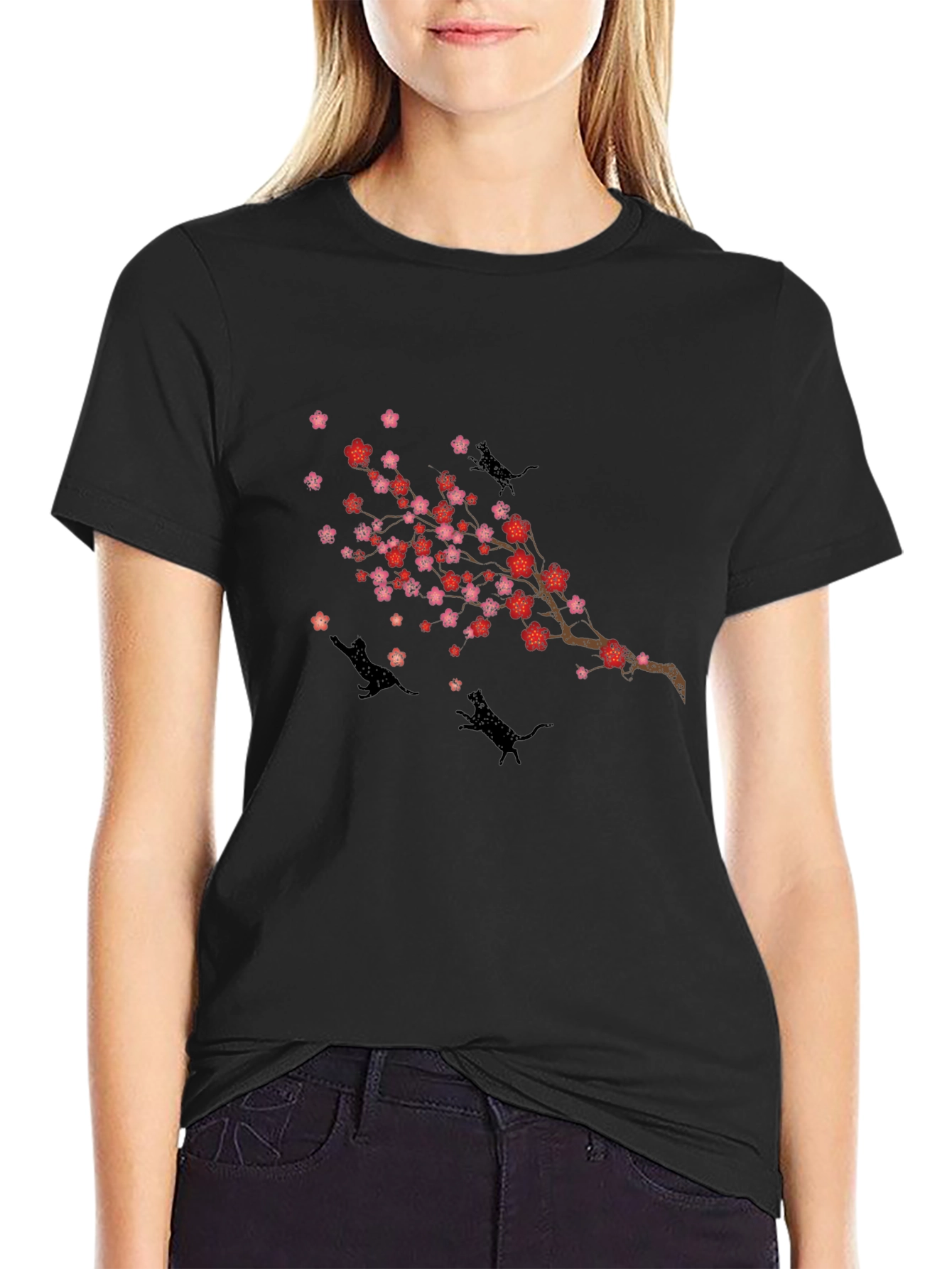 Cherry Blossom Cats T-Shirt - Black Crew Neck