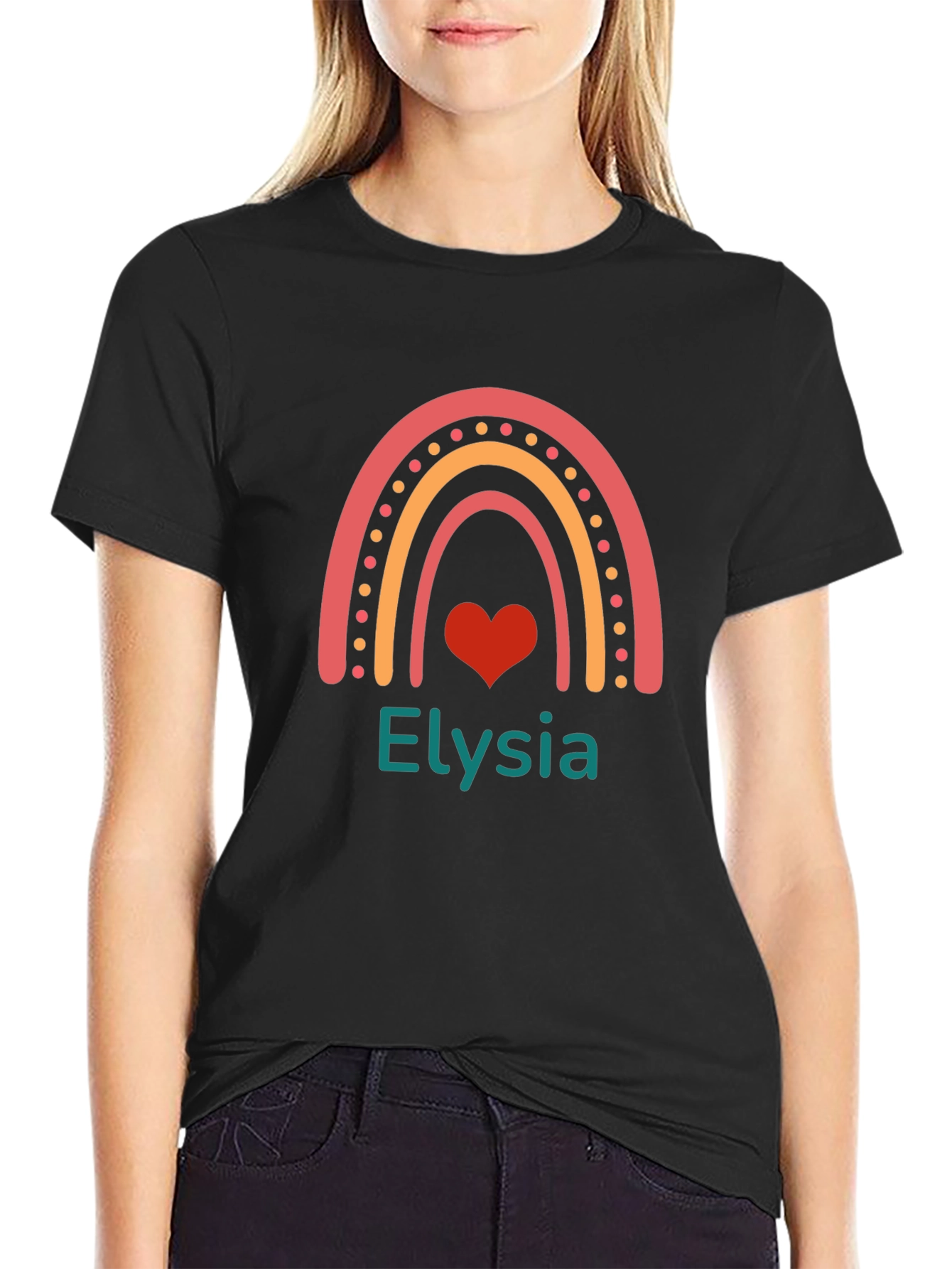 Elysia Rainbow Heart Personalized Black T-Shirt