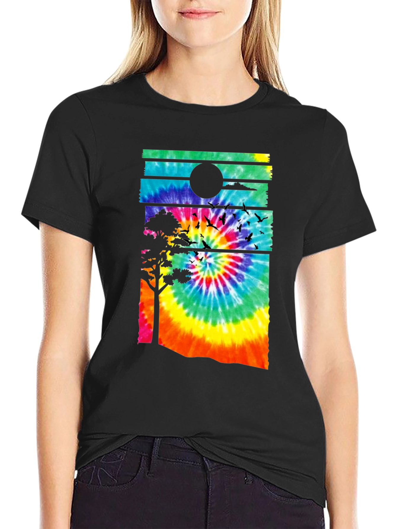 Tie-Dye Sunset Graphic Tee - Black Casual Shirt
