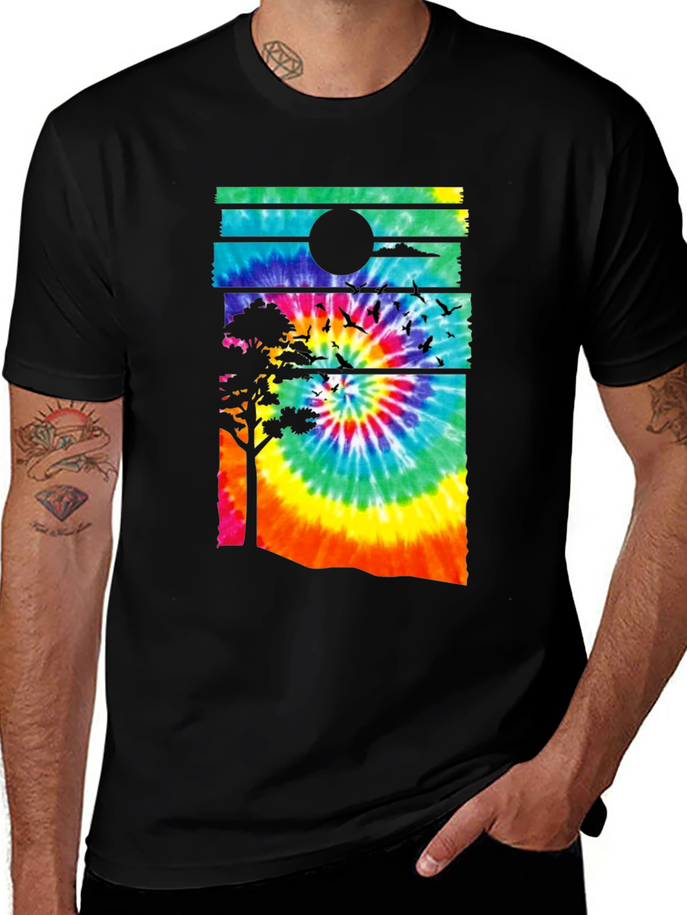 Tie-Dye Sunset Graphic Tee - Black Casual Shirt