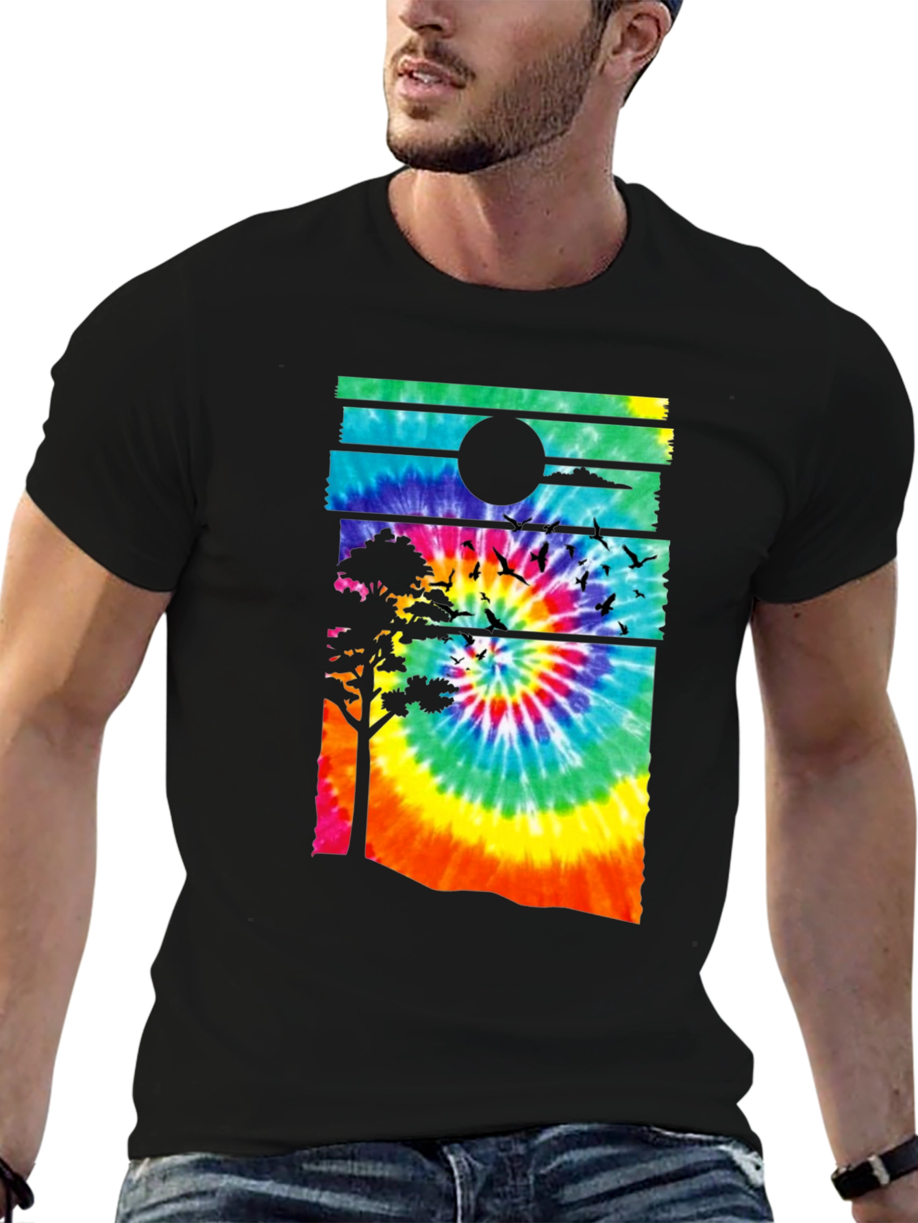 Tie-Dye Sunset Graphic Tee - Black Casual Shirt