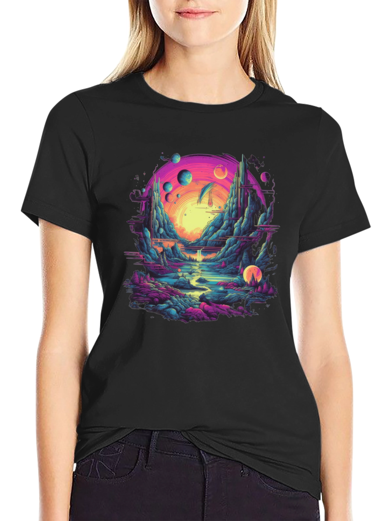 Surreal Landscape Graphic Tee - Black Cotton Blend