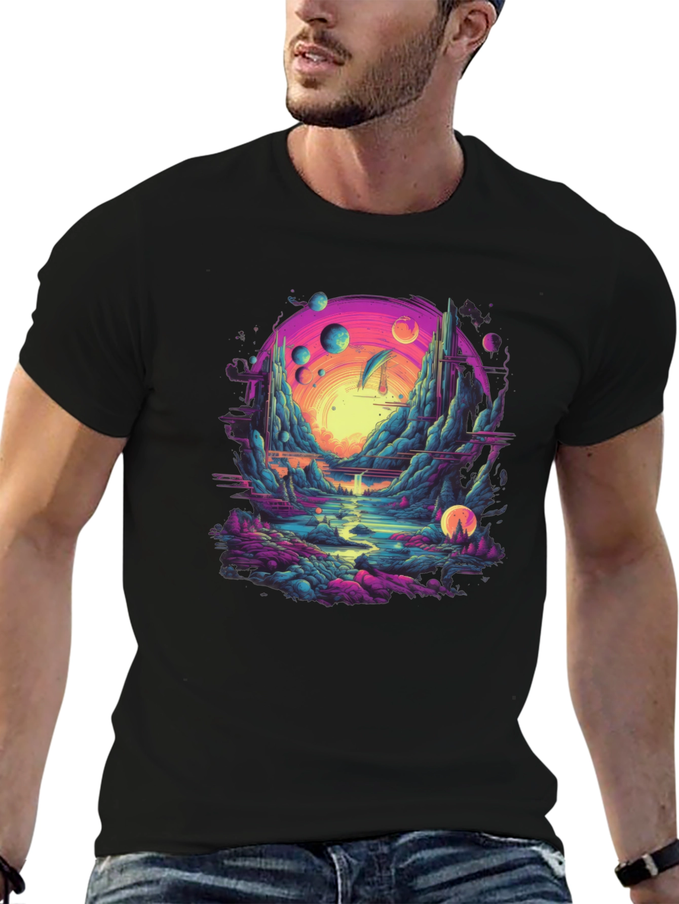 Surreal Landscape Graphic Tee - Black Cotton Blend